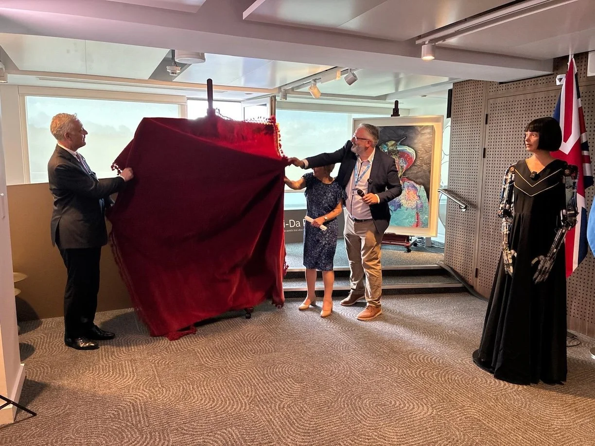 Unveiling the portrait of King Charles III with UK Ambassador Simon Manley and Baroness Margaret Jones with Aidan Meller