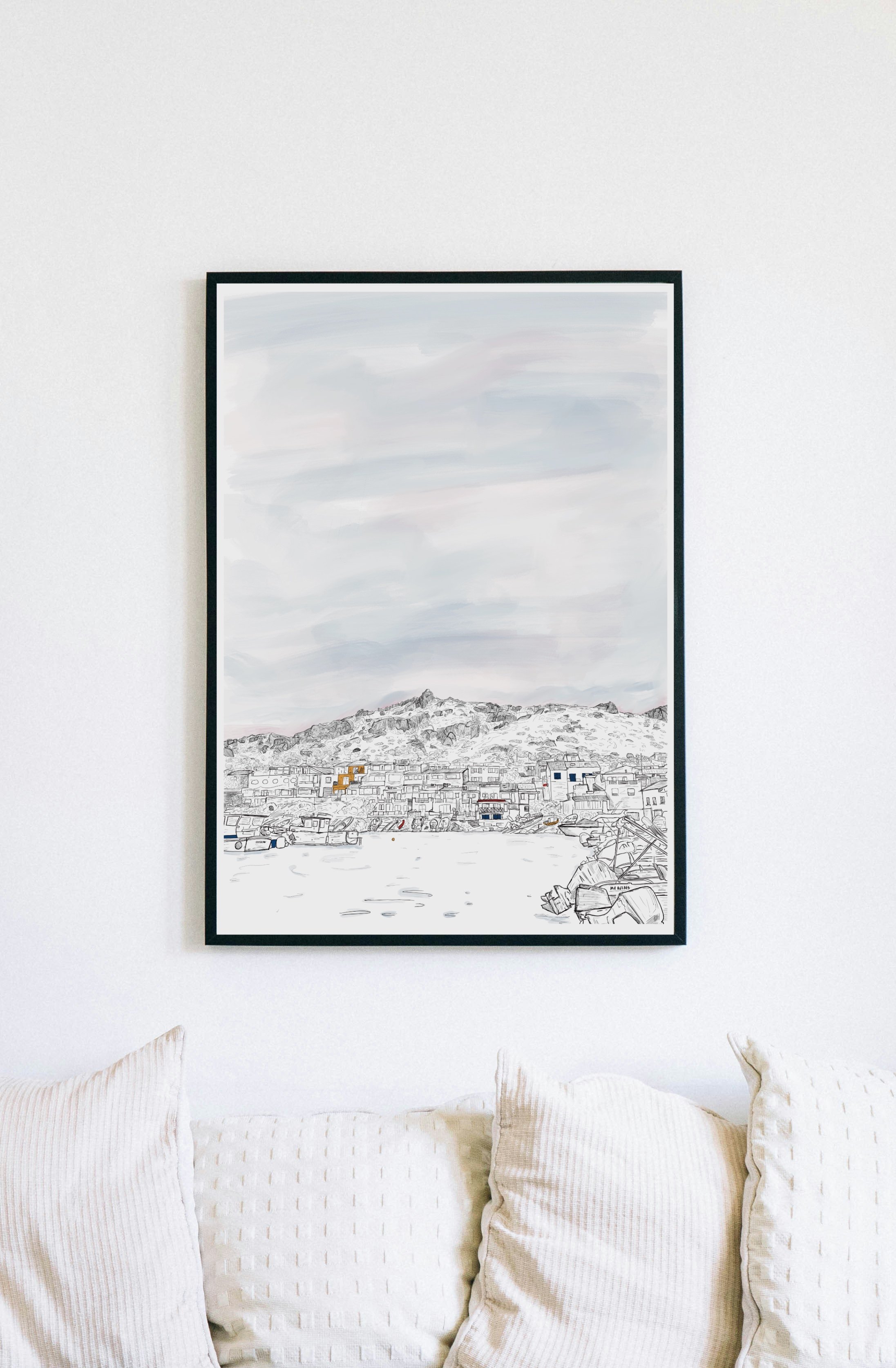 Illustration dessinée à la main du port des Goudes à Marseille, dans le sud de la France, par Reuben Cookson.