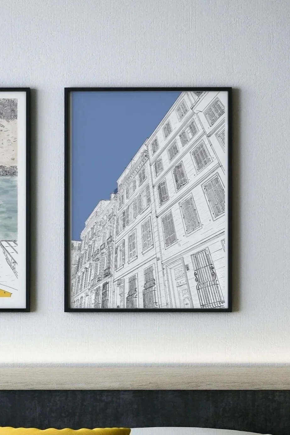 hand drawn illustration of a facade in Marseille France on rue Balthazar dieude, mockup of a gallery wall by reuben Cookson