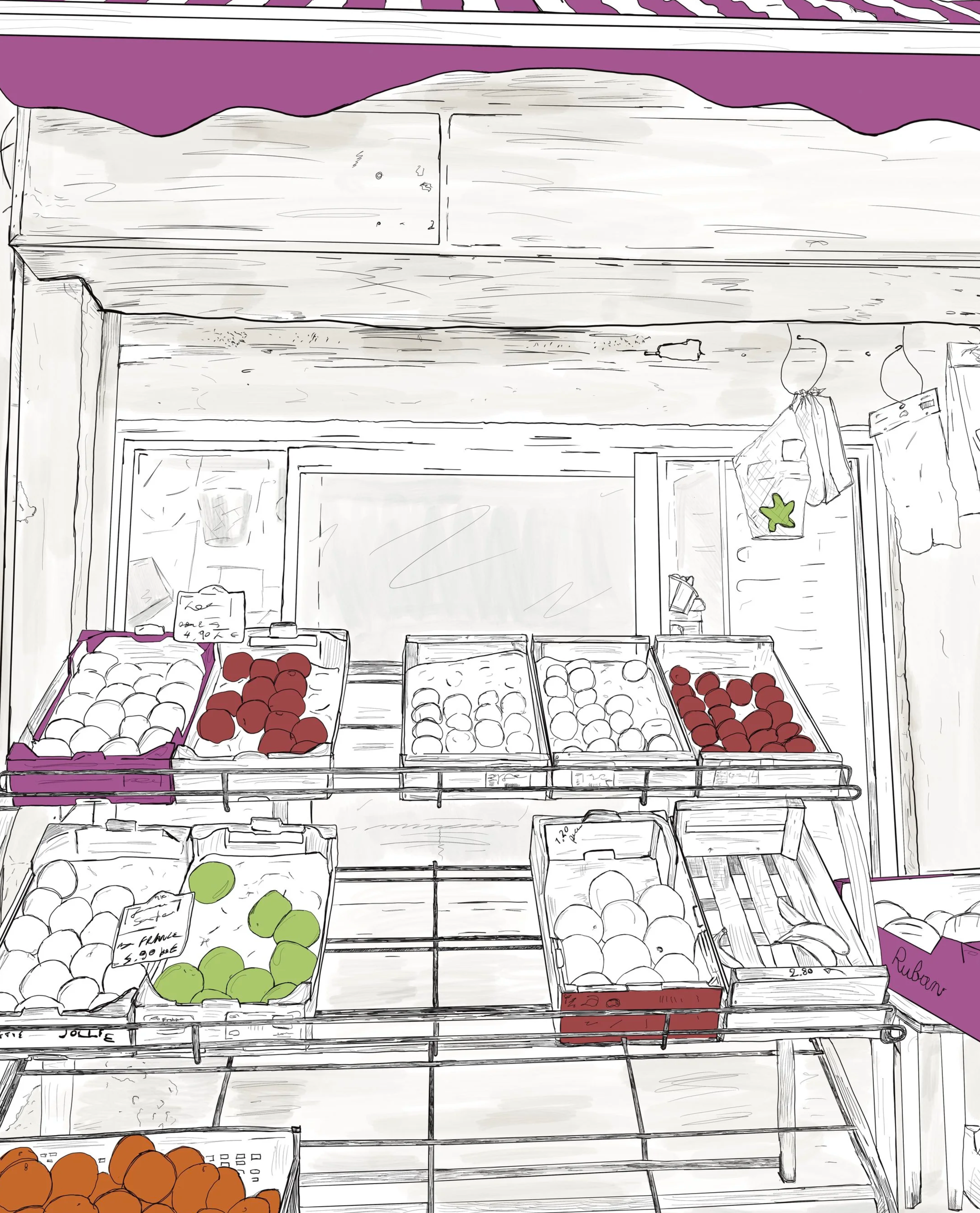 Une illustration d'une épicerie française avec des cagettes de fruits exposées devant la boutique, évoquant la vie quotidienne à Marseille et l'ambiance méditerranéenne. Œuvre de Reuben Cookson.
