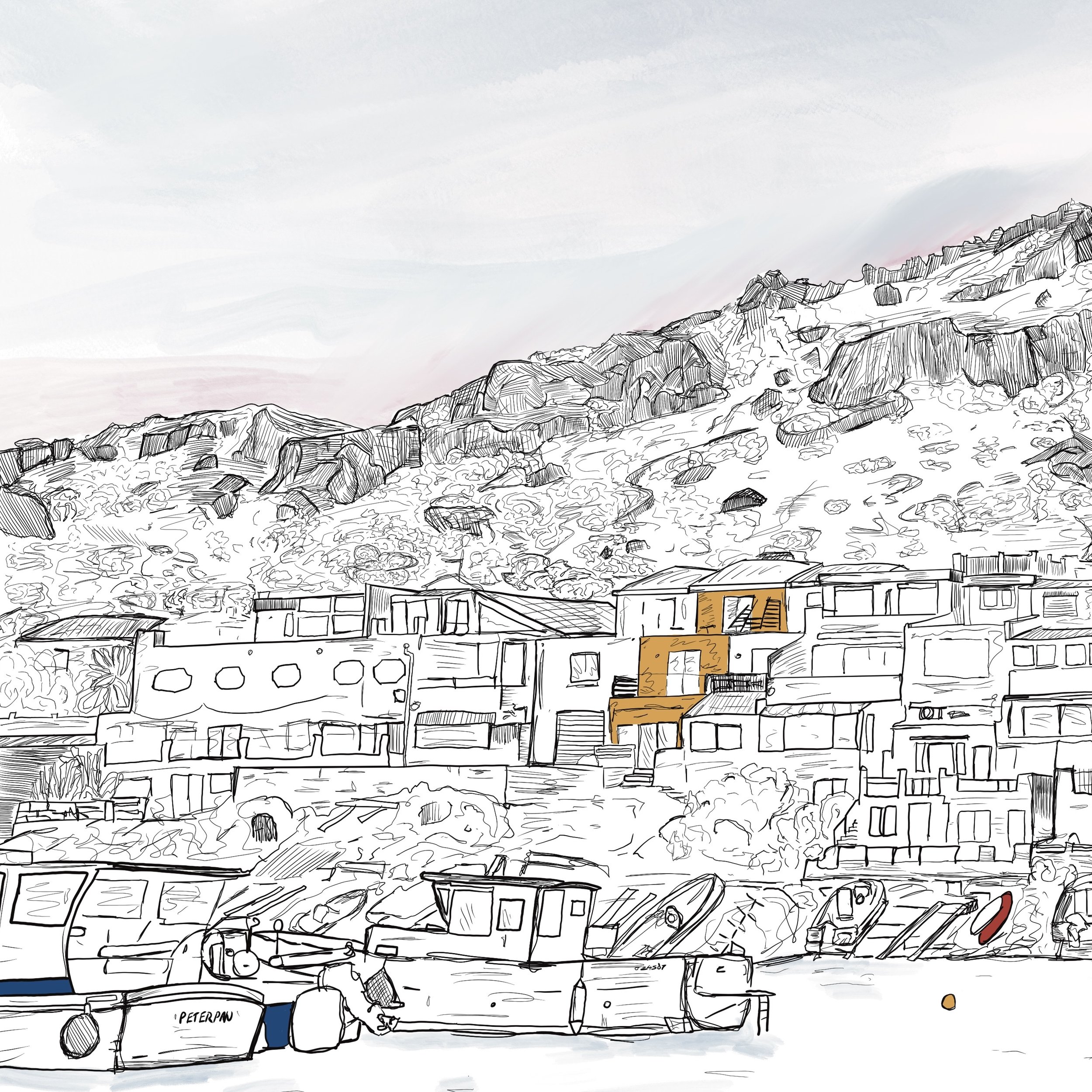 Détail d’une illustration à l’encre montrant les maisons du front de mer, les bateaux et le paysage rocheux du port des Goudes à Marseille.