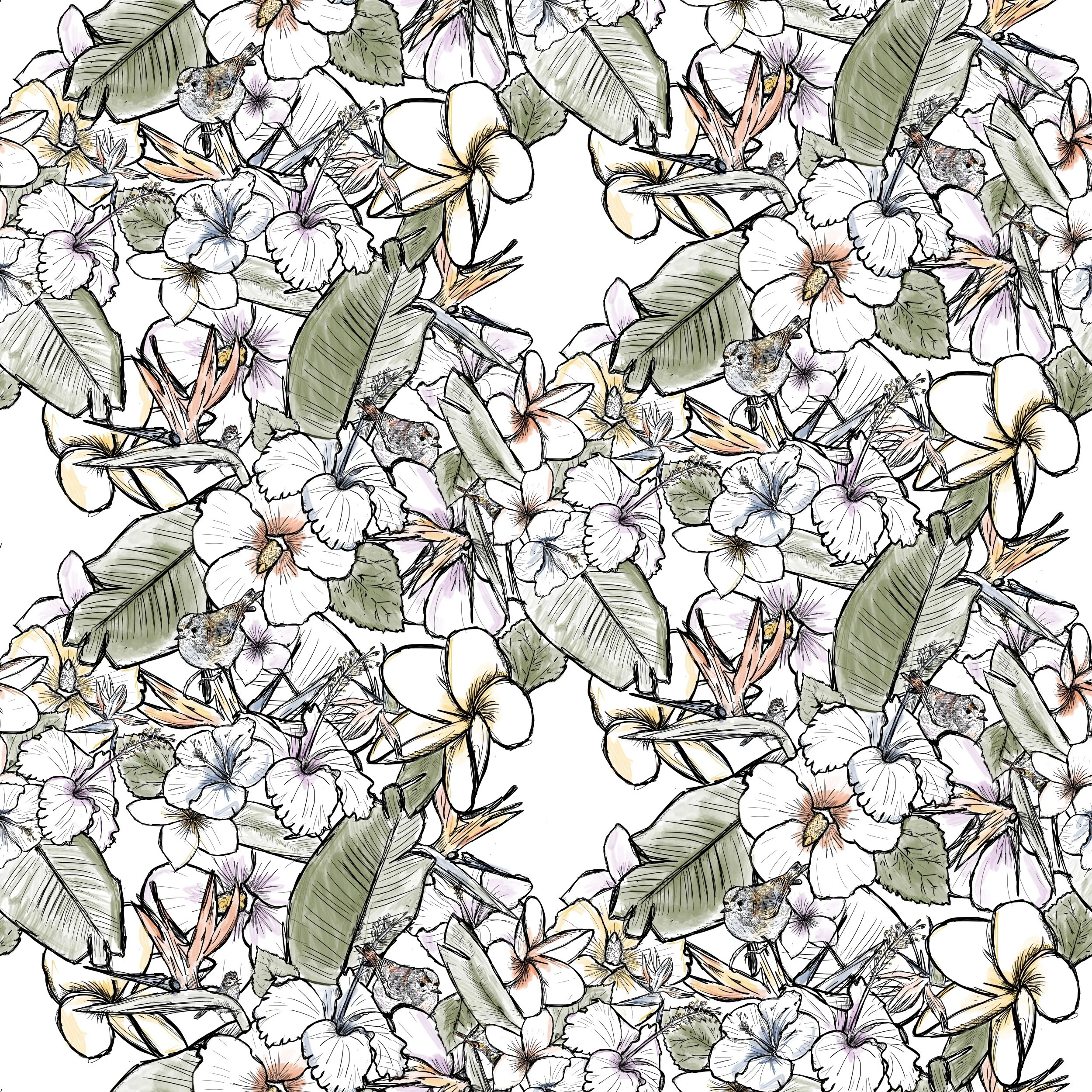Pattern of flowers, leaves, birds, and insects in a hand-drawn style with pastel colors.
