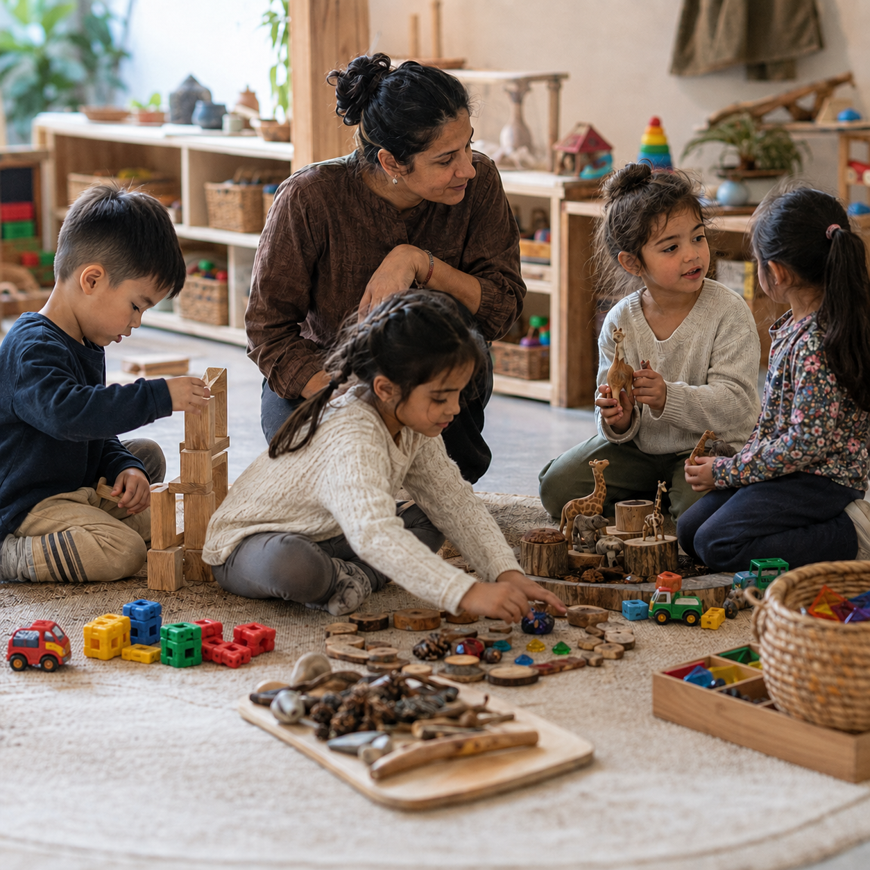 An Early Years practitioner observes four children exploring blocks, loose parts and small-world play in different ways.