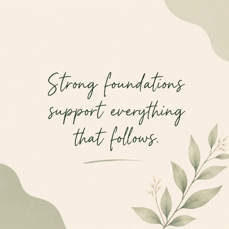 Graphic reading “Strong foundations support everything that follows,” with soft sage shapes and botanical leaves.