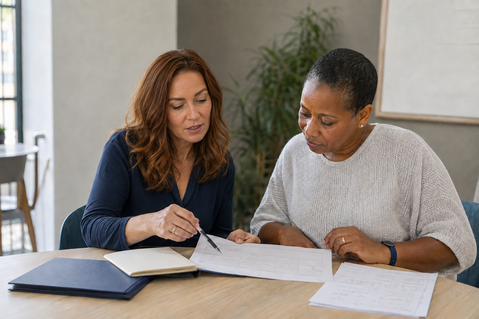 Two women sitting at a table reviewing documents together, discussing something, with folders and papers in front of them.
