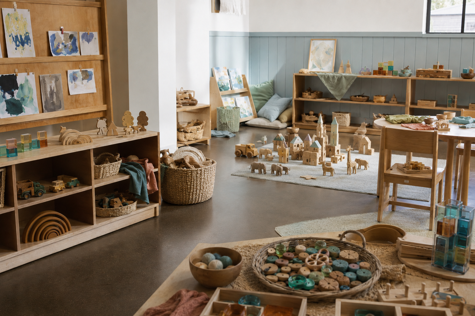 A thoughtfully arranged Early Years classroom with open-ended resources, accessible shelving and areas for creative and imaginative play.