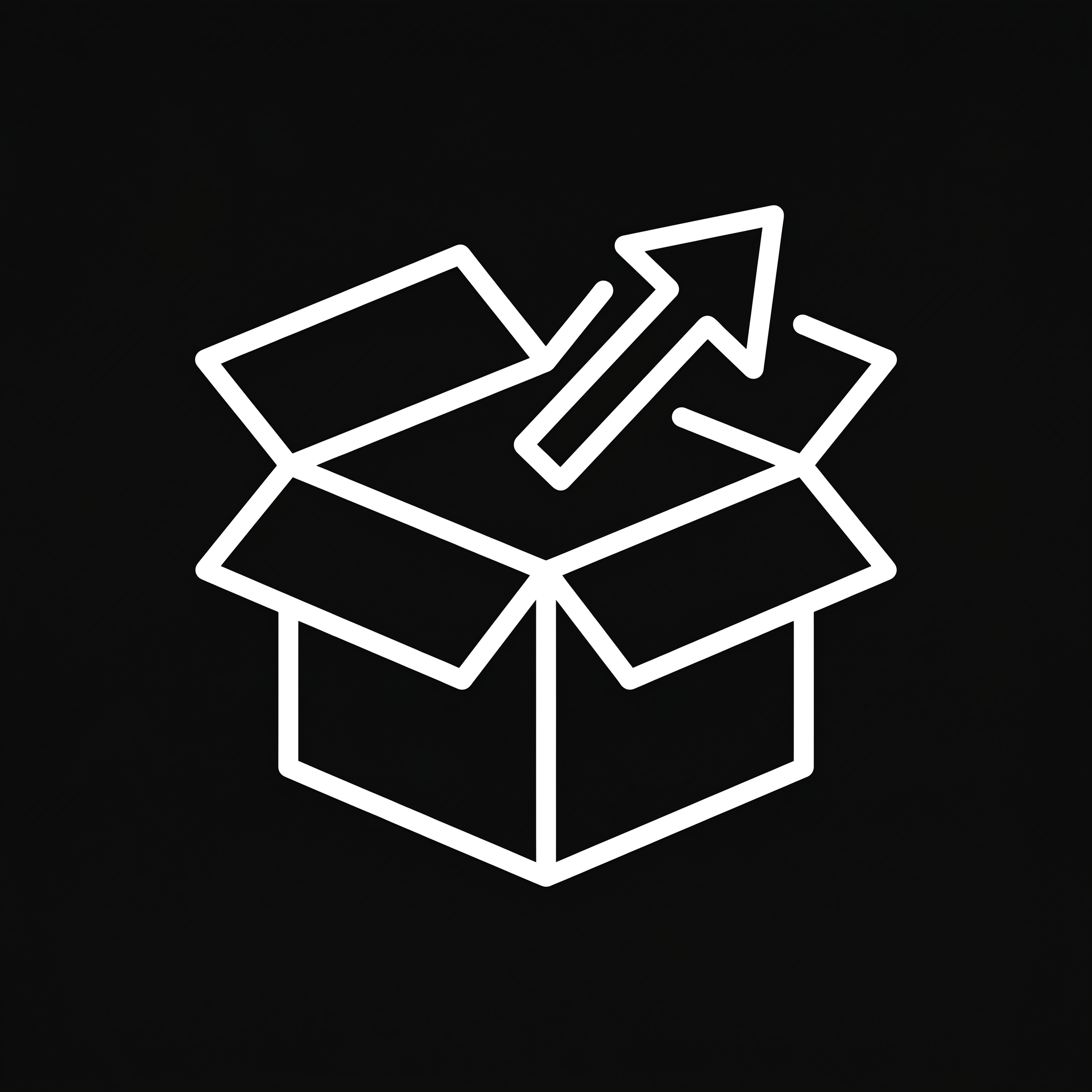 Line art illustration of a cardboard box with two open flaps at the top, depicted with white outlines on a black background.