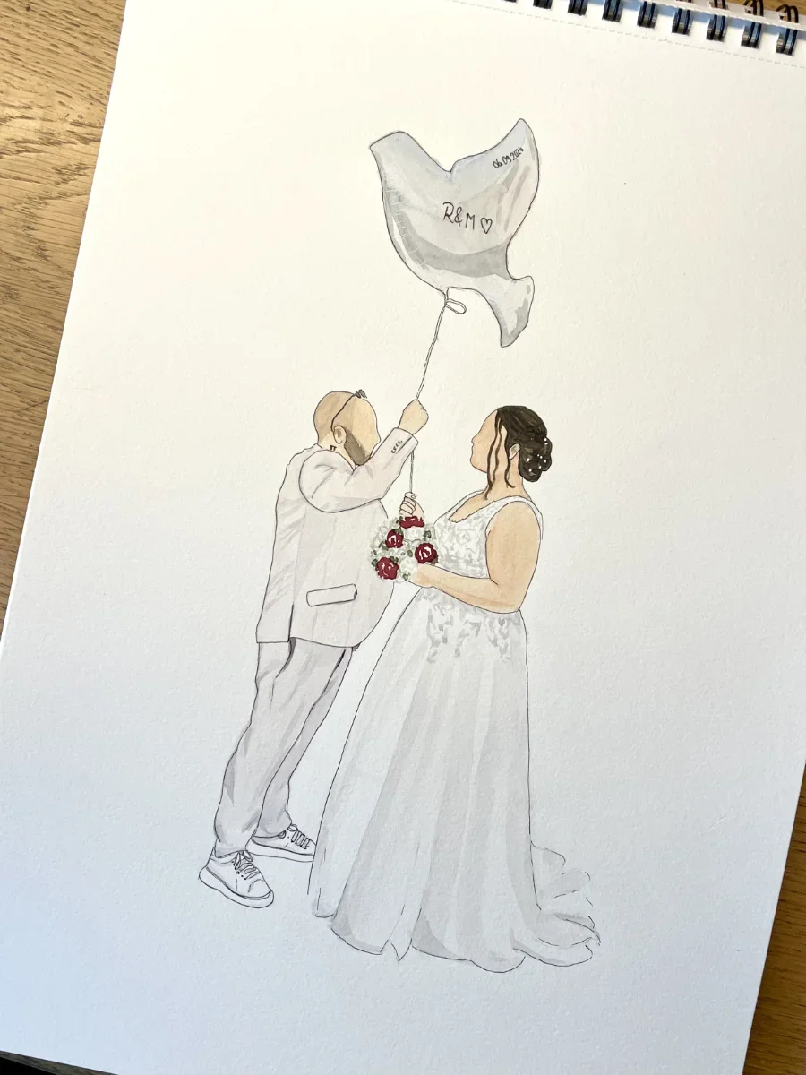 Dessin d'un mariage où un homme offre un ballon en forme de lune à une femme, tenant un bouquet de roses.
