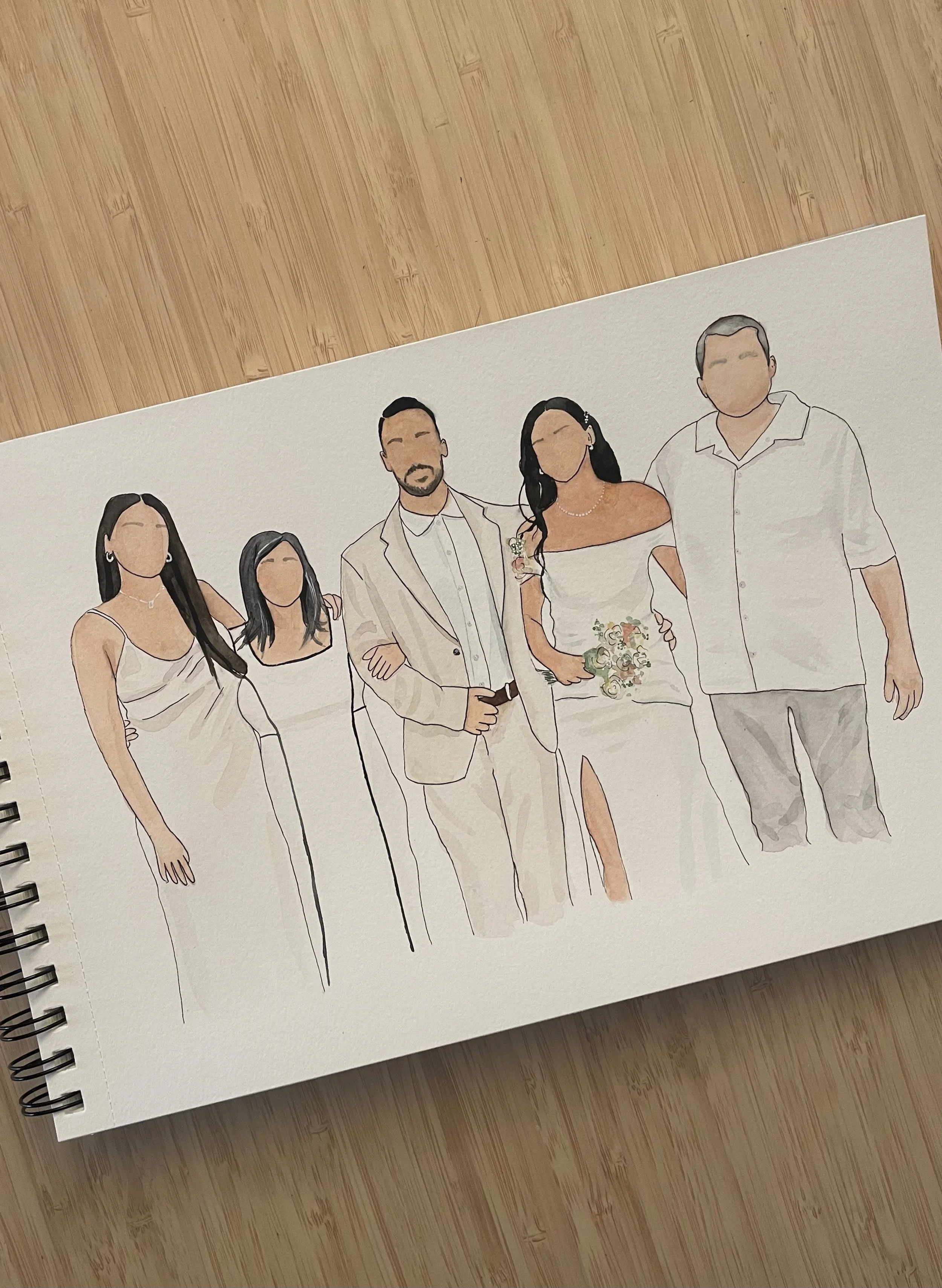 Une illustration d'un groupe de six personnes en tenues de mariage, sans visages visibles, en style dessinée