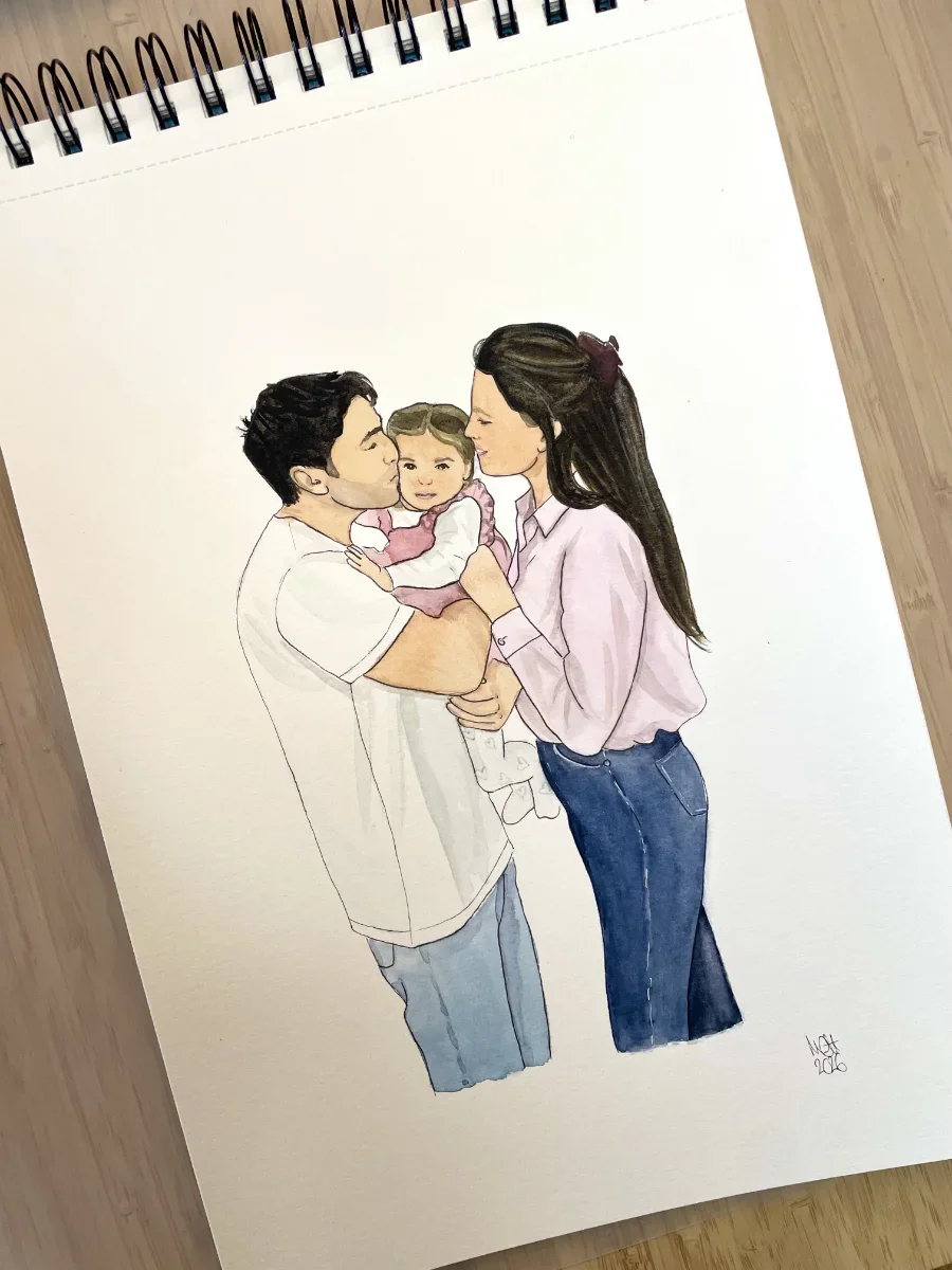 Une illustration d'une famille composée d'un homme, d'une femme et d'une petite fille, partageant un moment affectueux.