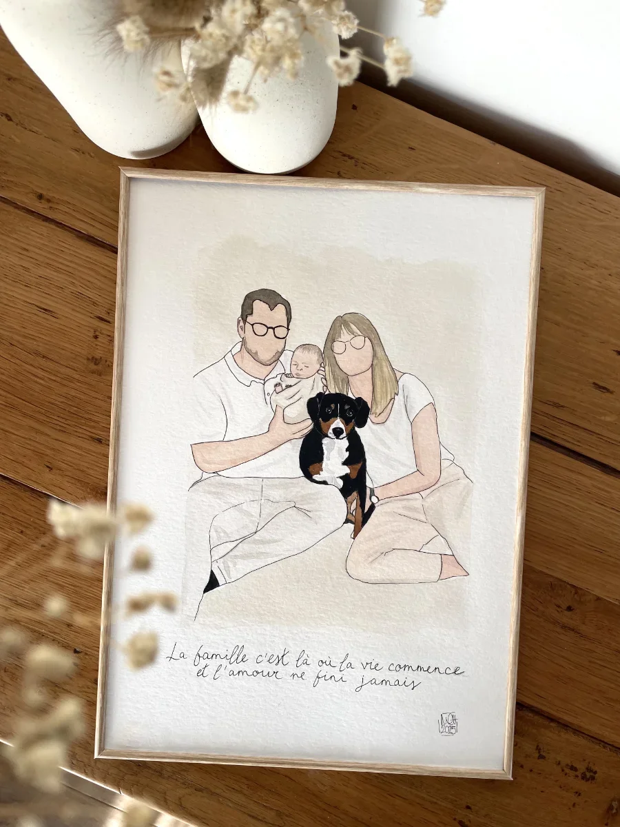 Un dessin d'une famille avec deux adultes, un bébé et un chien, accompagnée d'une citation en français en dessous.