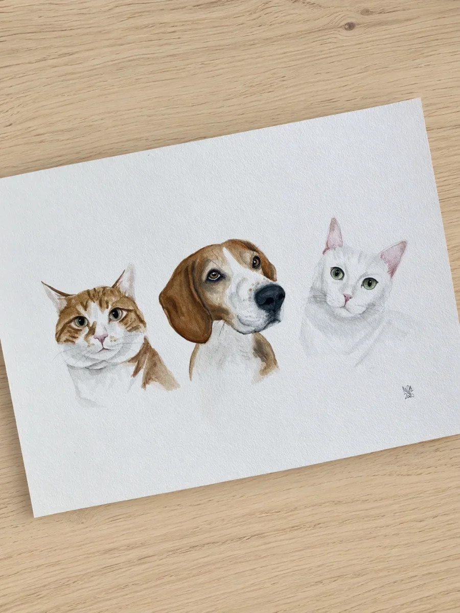 Dessins aquarelle de deux chats et un chien sur du papier blanc.