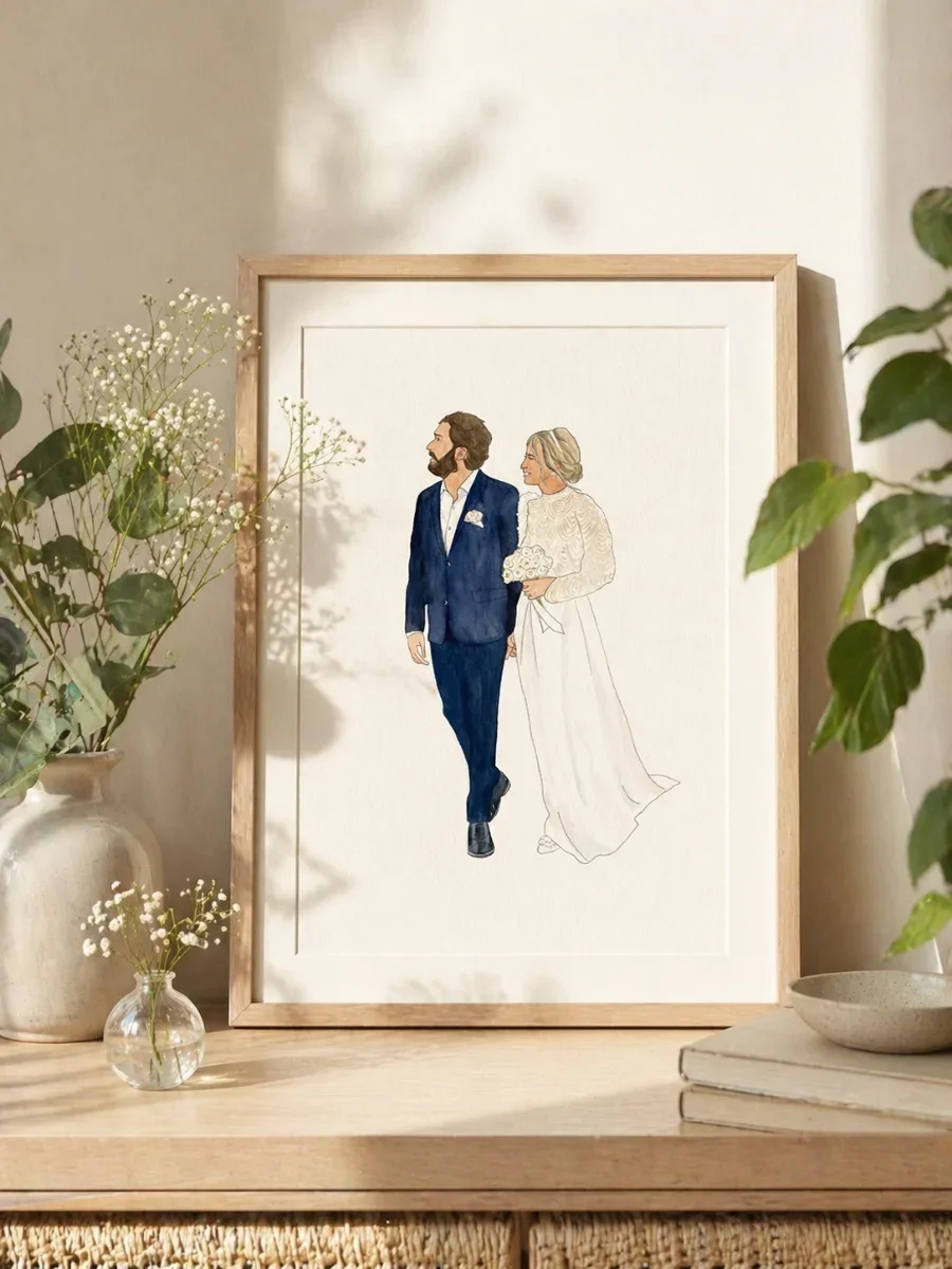 Une affiche artistique représentant un couple en mariage, avec le homme en costume bleu et la femme en robe de mariée blanche, tenant un bouquet.