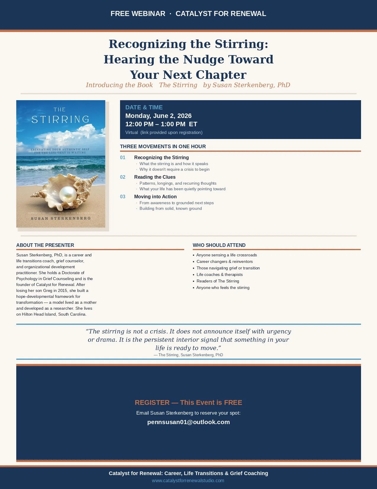 Webinar announcement for 'Recognizing the Stirring: Hearing the Nudge Toward Your Next Chapter', featuring the book 'The Stirring' by Susan Sterkenberg, PhD. Scheduled for June 2, 2026, from 12 PM to 1 PM ET. Includes details about the event, presenter, target audience, and registration email.