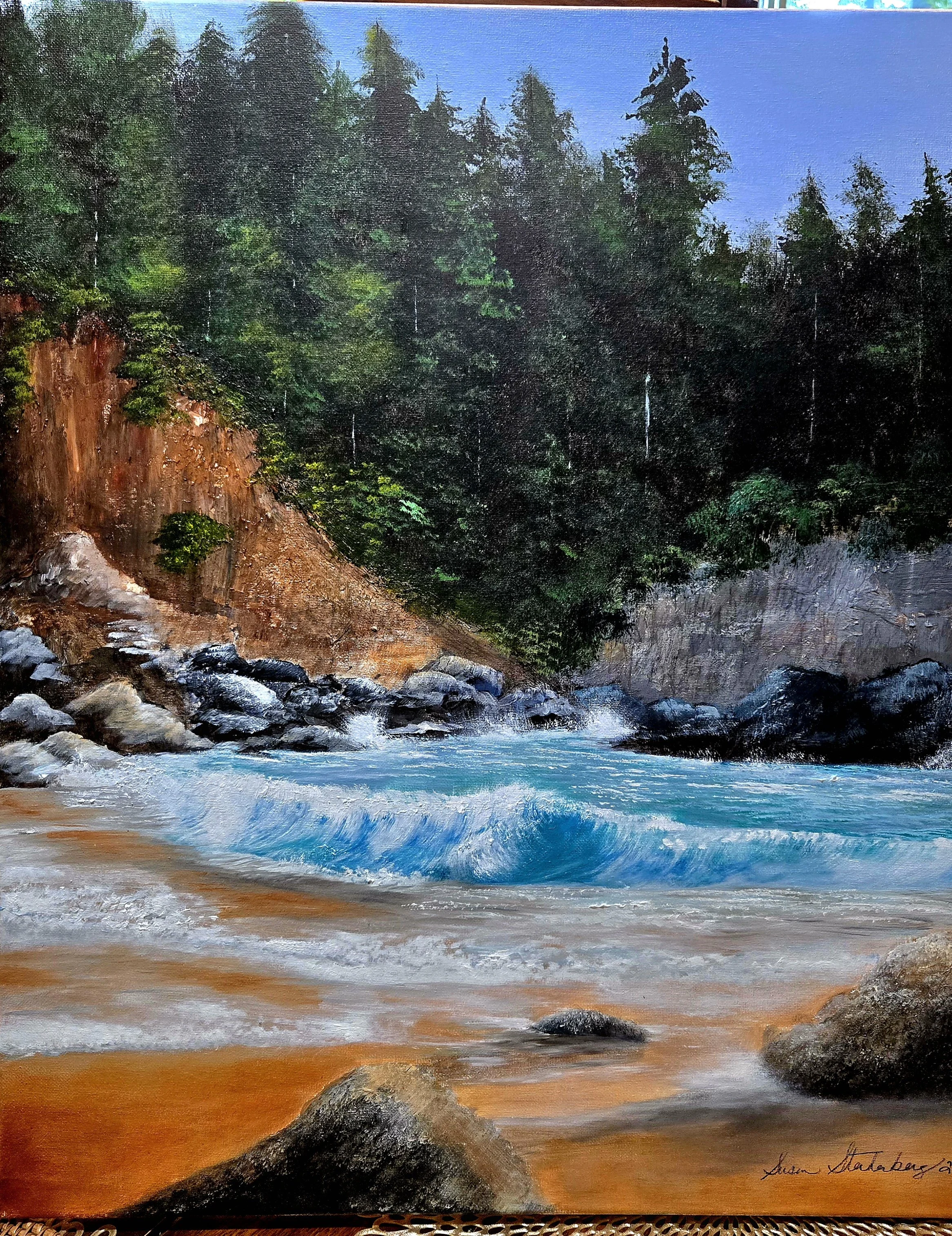 A landscape painting of a river flowing through a forest with tall trees and rocky banks, with a bright sky overhead and mountains in the background.