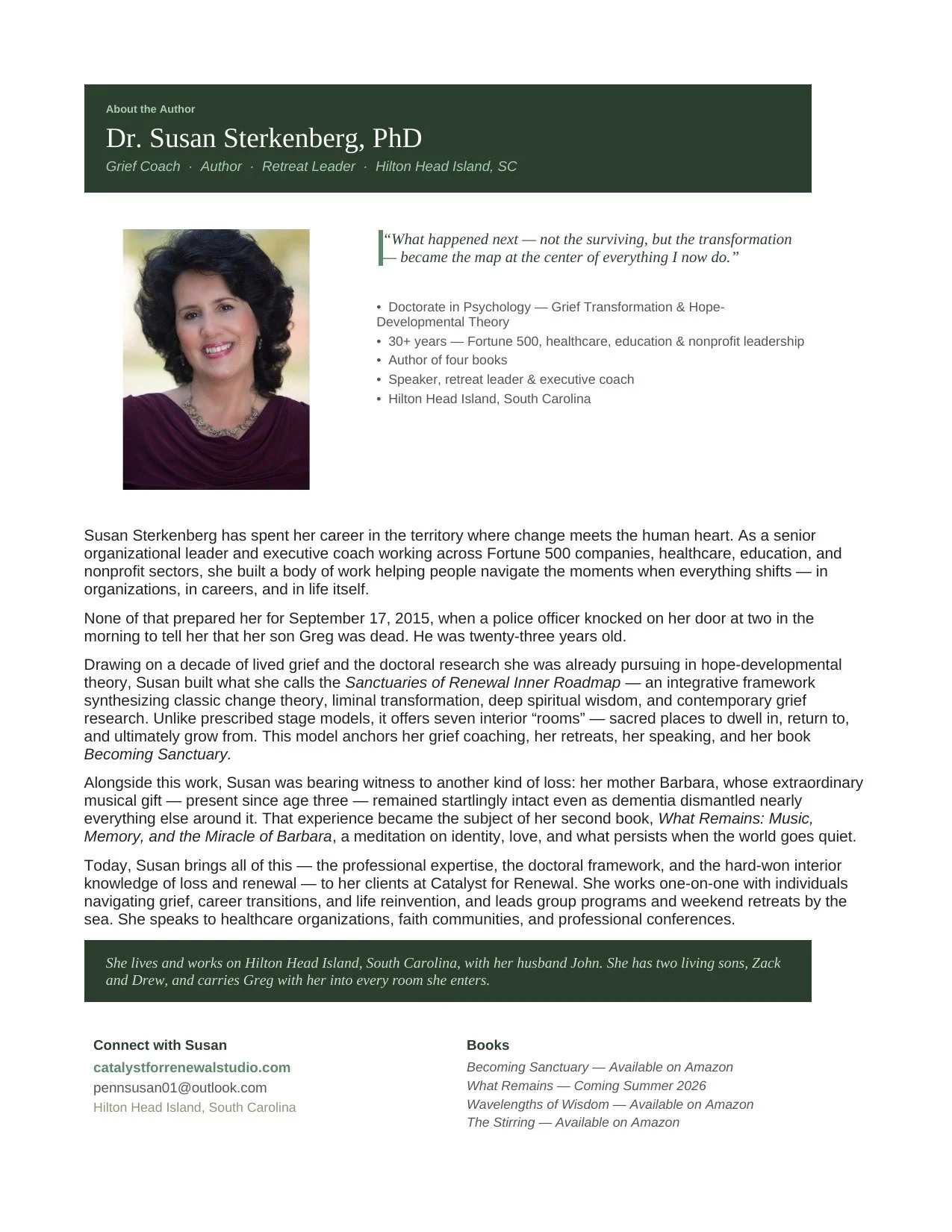 A professional profile webpage for Dr. Susan Sterkenberg, PhD, featuring a headshot of her smiling with dark, curly hair, and supporting text detailing her career as a grief coach, author, and retreat leader on Hilton Head Island, South Carolina.