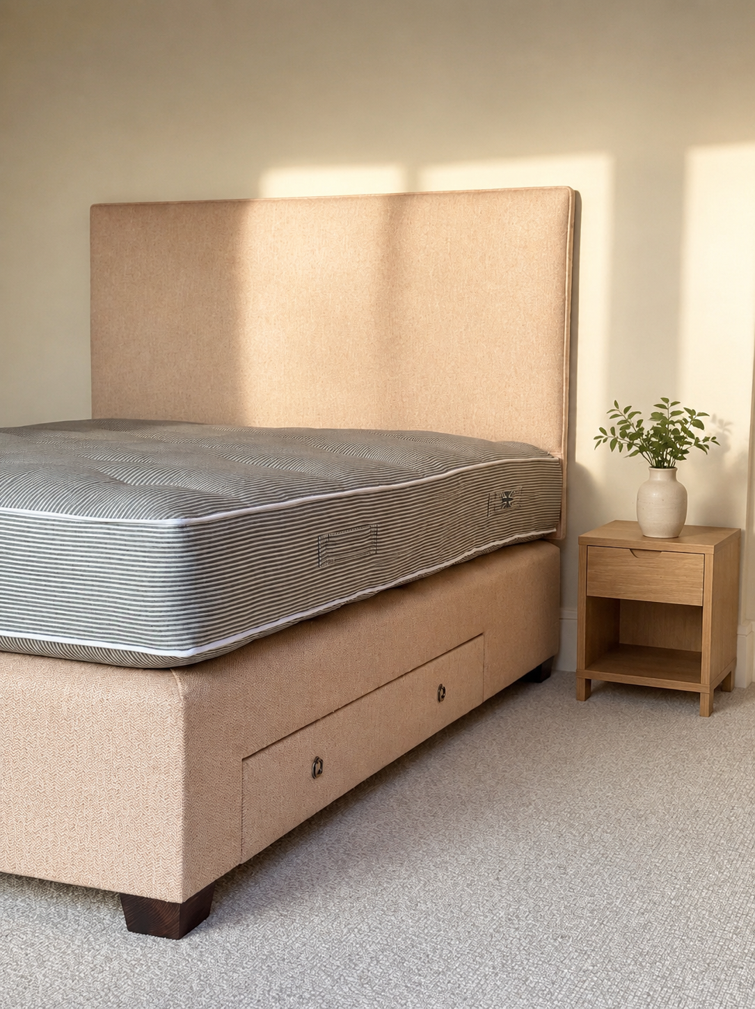 Bespoke divan bed with upholstered headboard handmade in Hampshire