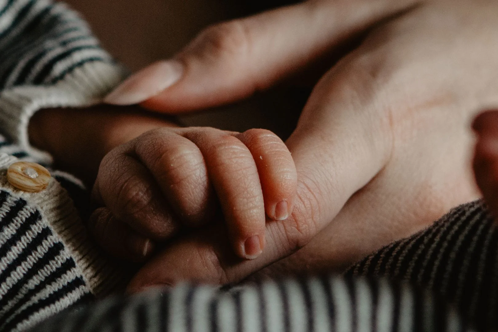 Close-up of a baby's hand gripping an adult's finger.