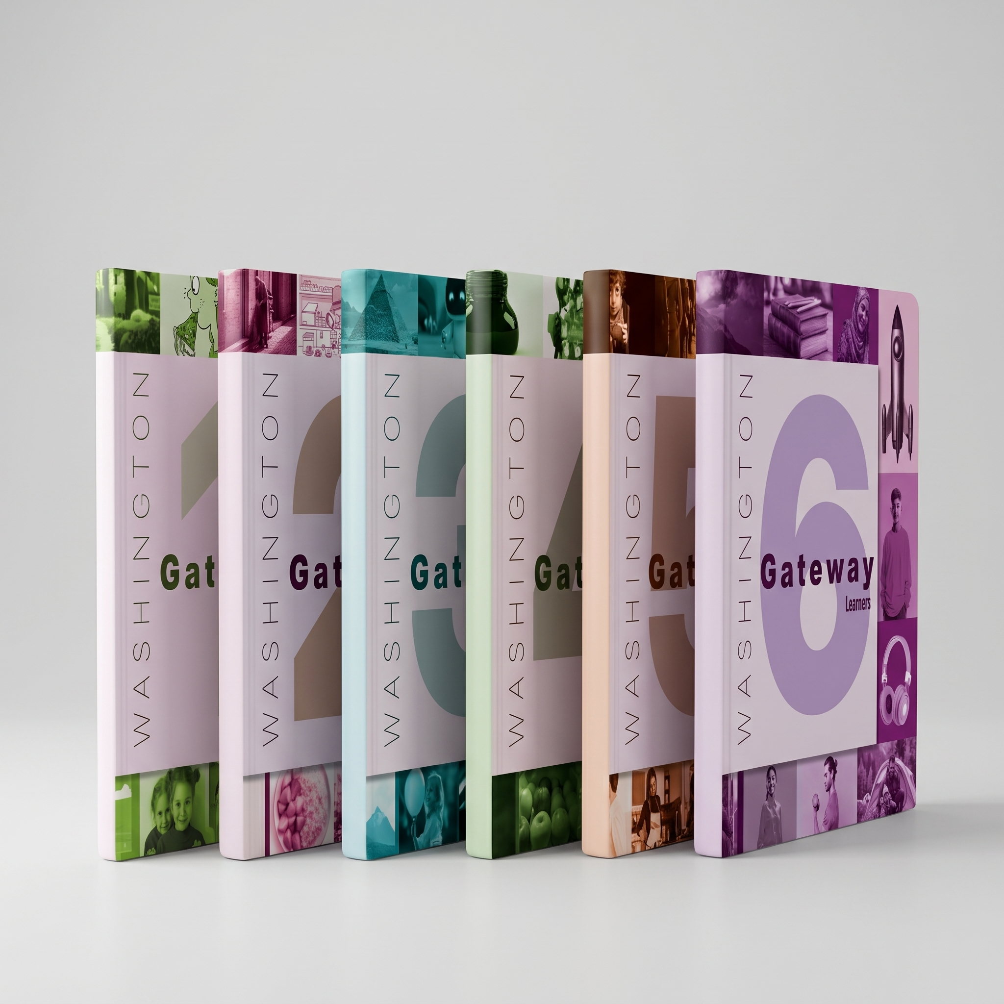 A row of colorful textbooks standing upright, each with a different pastel color and various images on the covers.