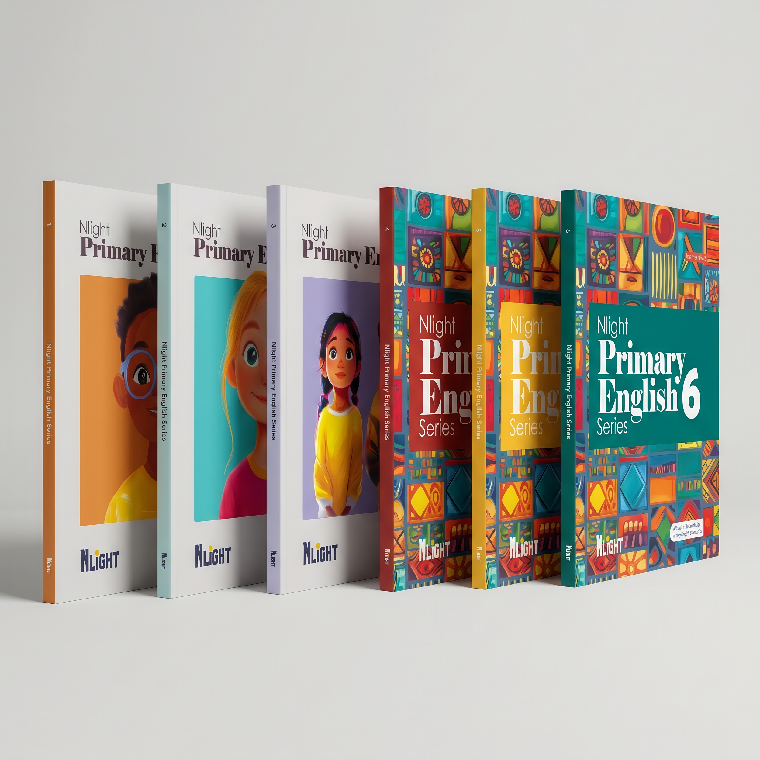 Six colorful hardcover books on a white background. The first three have white covers with the title 'Night Primary English Series,' each with different color accents and illustrations of children. The last three have vibrant, geometric-patterned covers in red, yellow, and teal, also titled 'Night Primary English Series.'