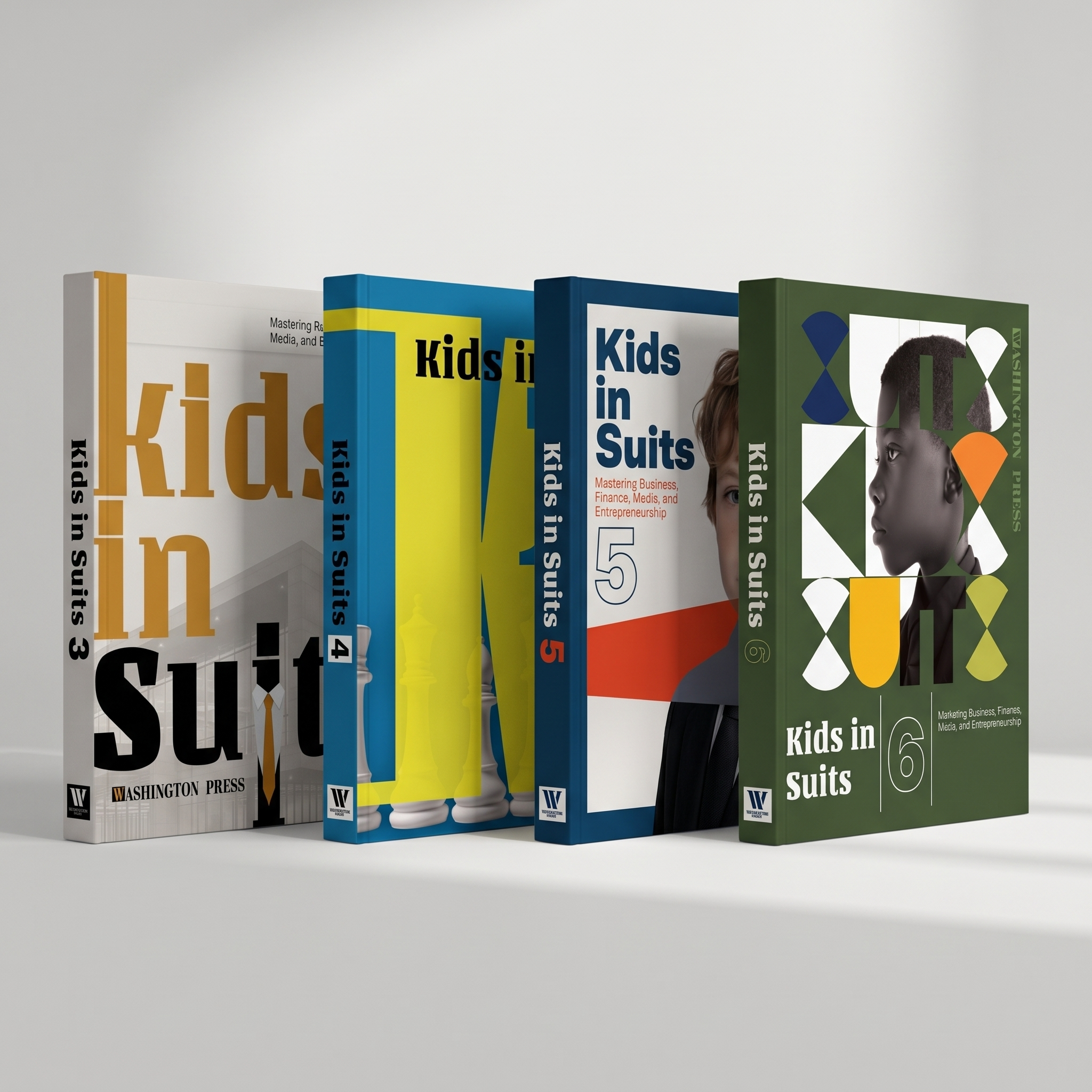A collection of five colorful books standing upright on a white surface against a plain white wall. The books cover topics related to kids in suits, business, finance, media, and entrepreneurship, with designs featuring large text, bright colors, and images of children.