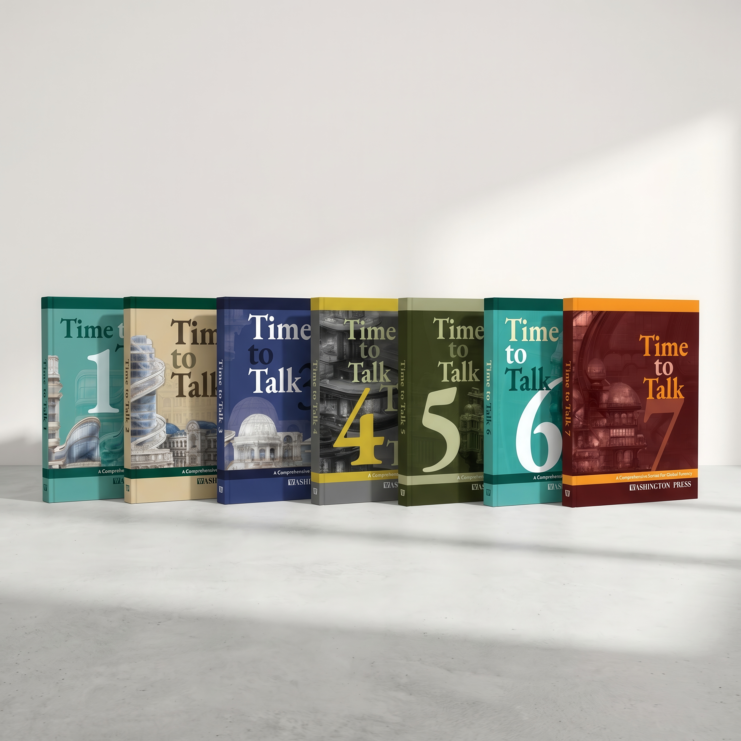 A row of colorful books titled 'Time to Talk' arranged on a white surface against a plain background.