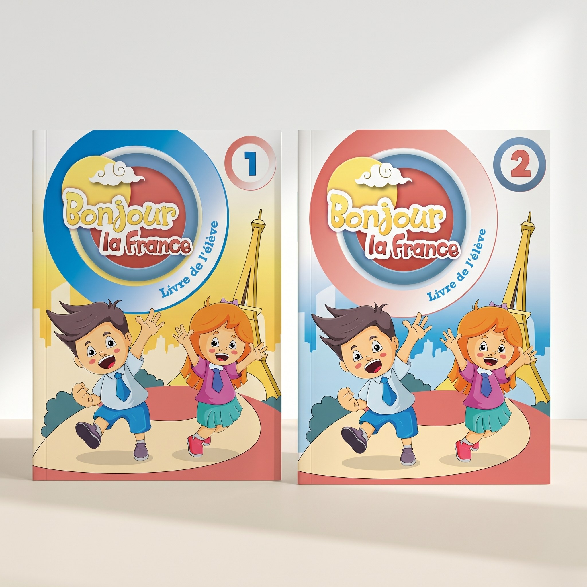 Two colorful illustrated children's books titled "Bonjour la France" with cartoon children on the covers, standing upright on a white surface.