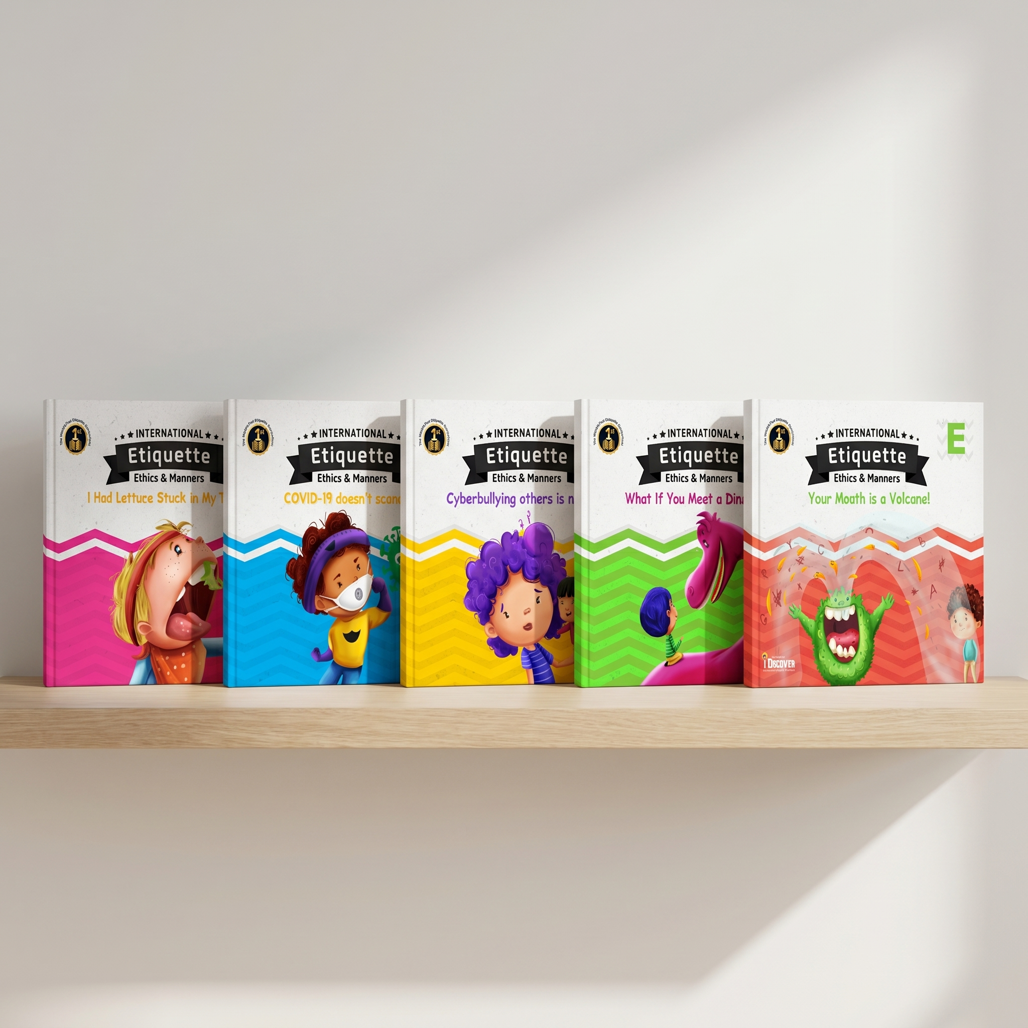Books titled 'International Etiquette: Ethics & Manners' aligned on a wooden shelf.