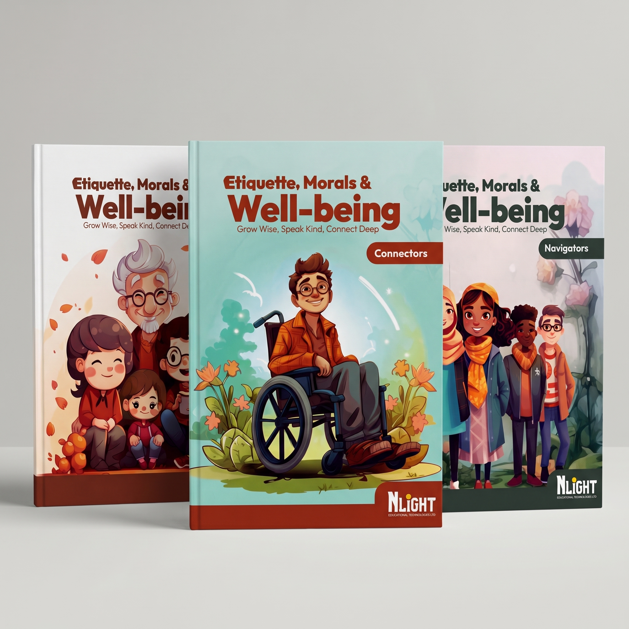 Three books titled 'Etiquette, Morals & Well-being' with colorful illustrations of diverse people on the covers, placed on a white surface against a plain background.