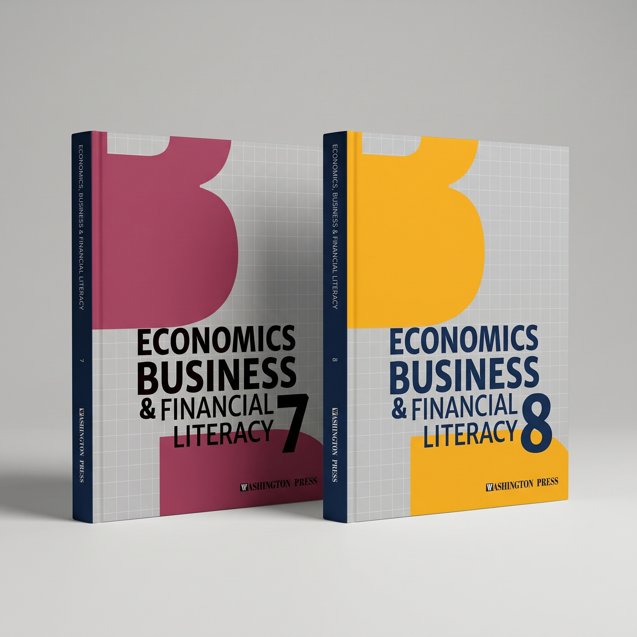 Two academic textbooks titled 'Economics, Business & Financial Literacy' published by Washington Press, one with a pink cover and the other with a yellow cover, standing upright against a light grey background.