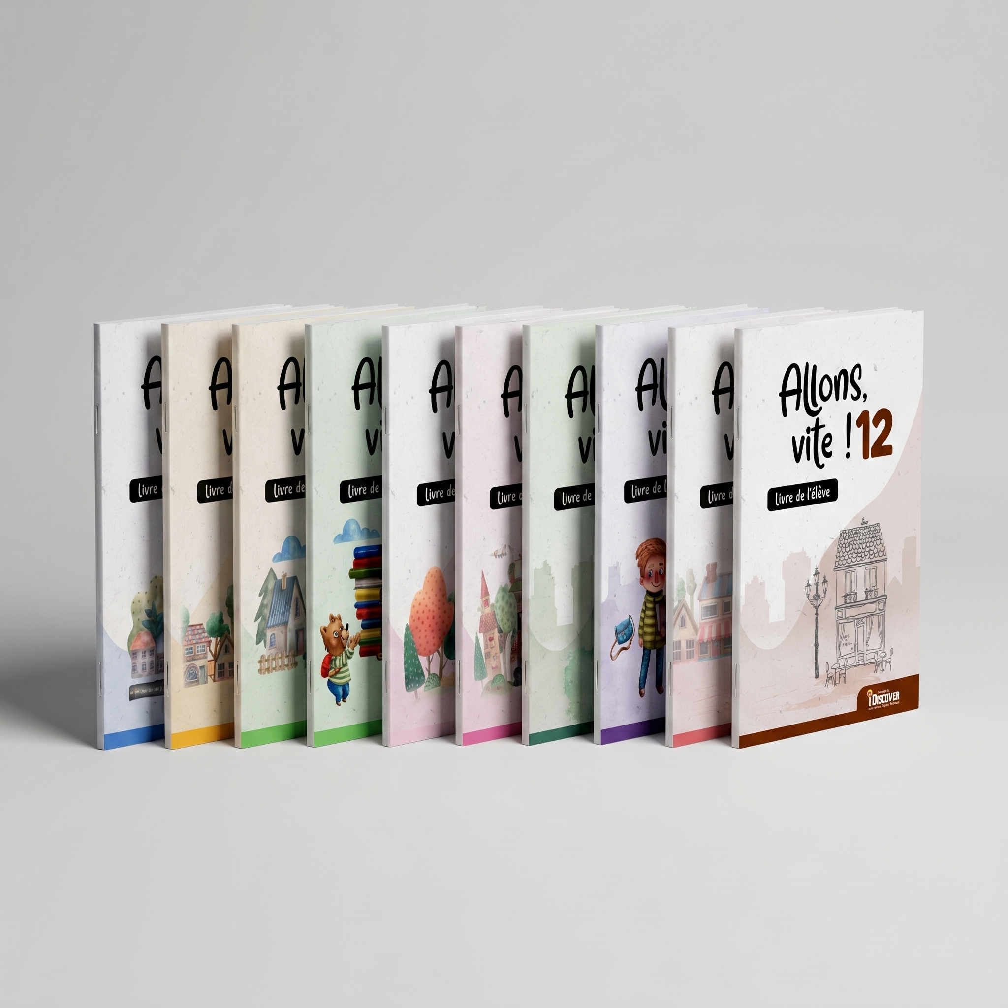 A row of colorful children's notebooks standing upright with cartoon illustrations on the covers, including a house, a bear, trees, a boy, and other playful images.