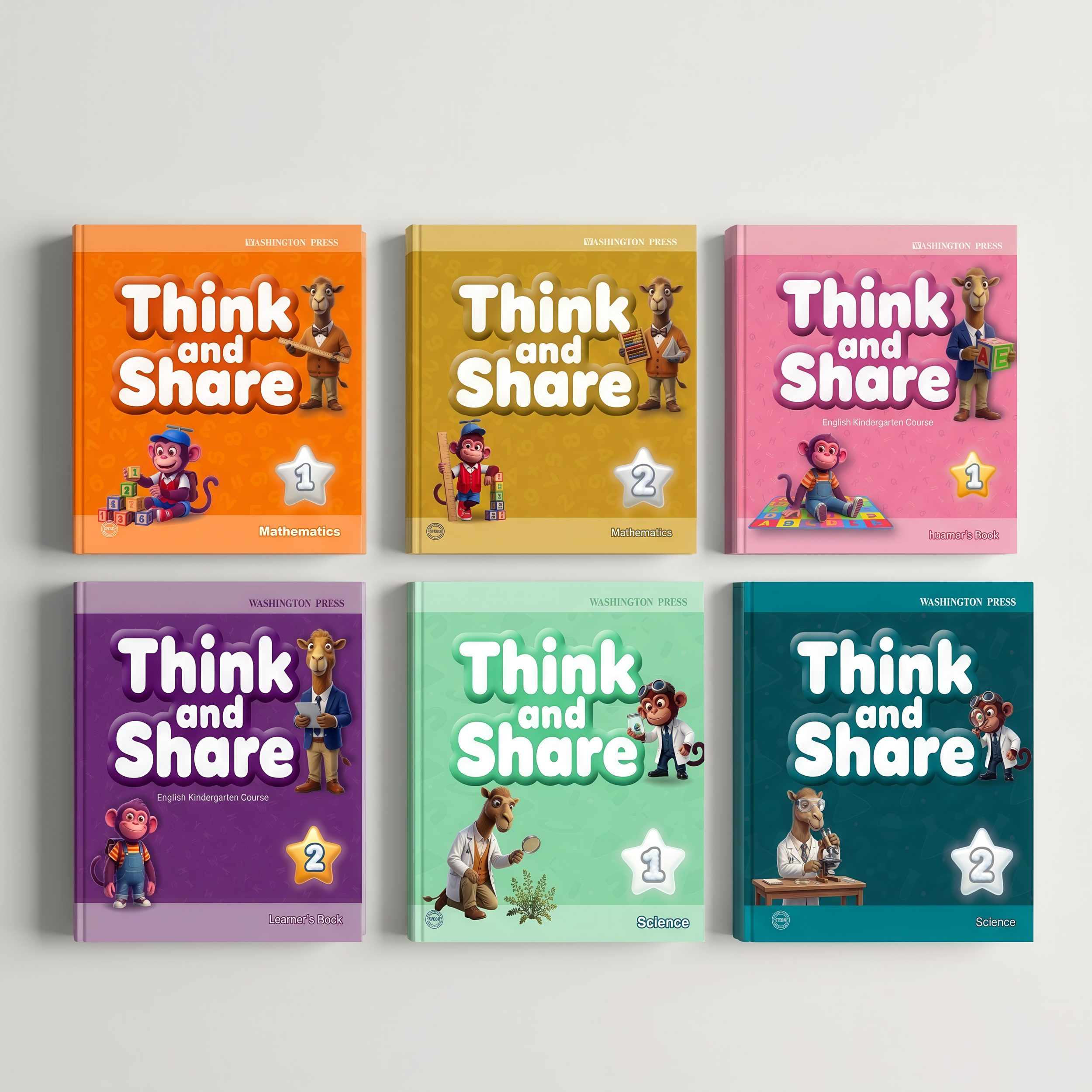 A collection of six colorful educational books with cartoon animal characters on the covers. The books are titled "Think and Share" with different themes such as Mathematics, Science, and Learner's Book, arranged on a white background.