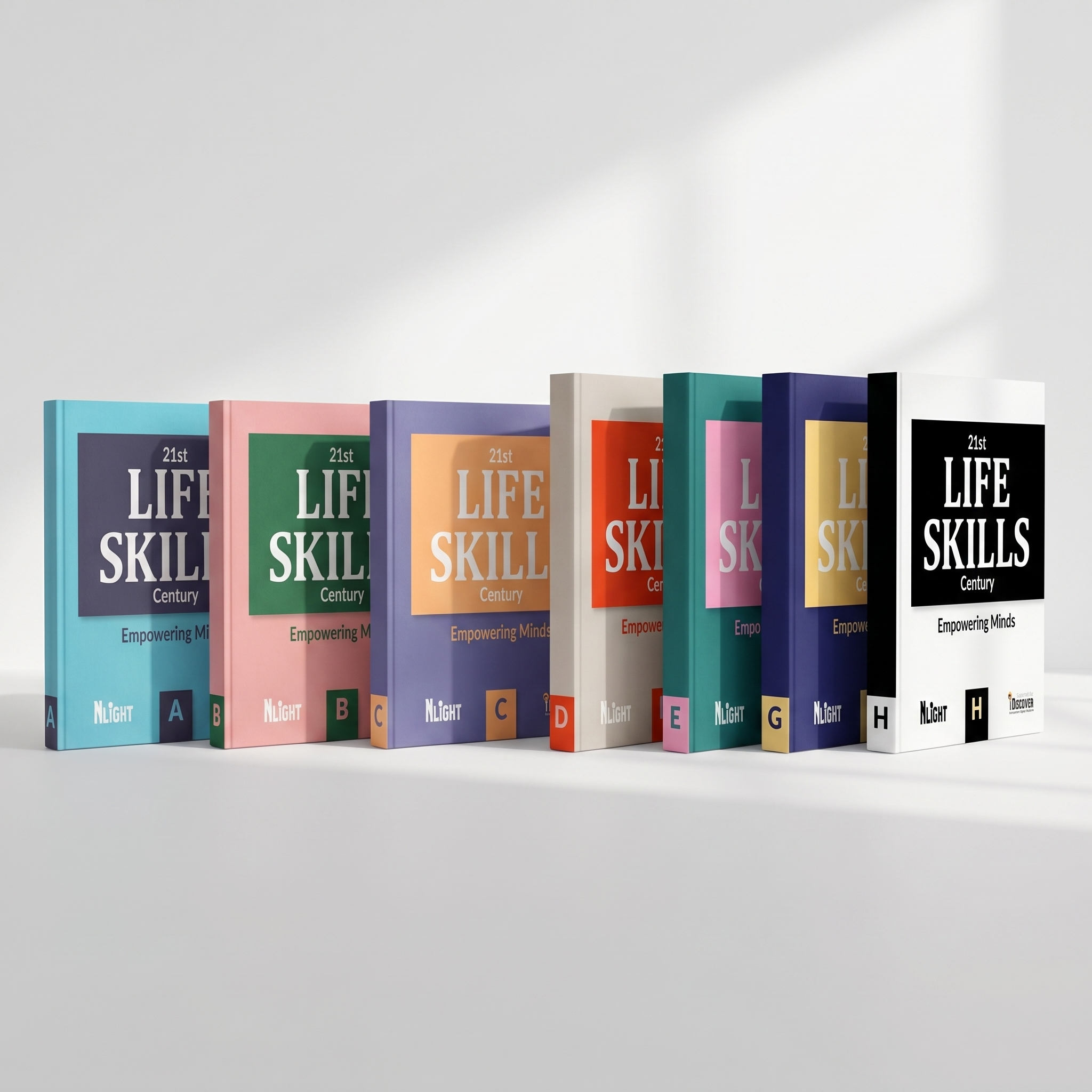 A row of colorful books standing upright on a white surface against a plain white background.