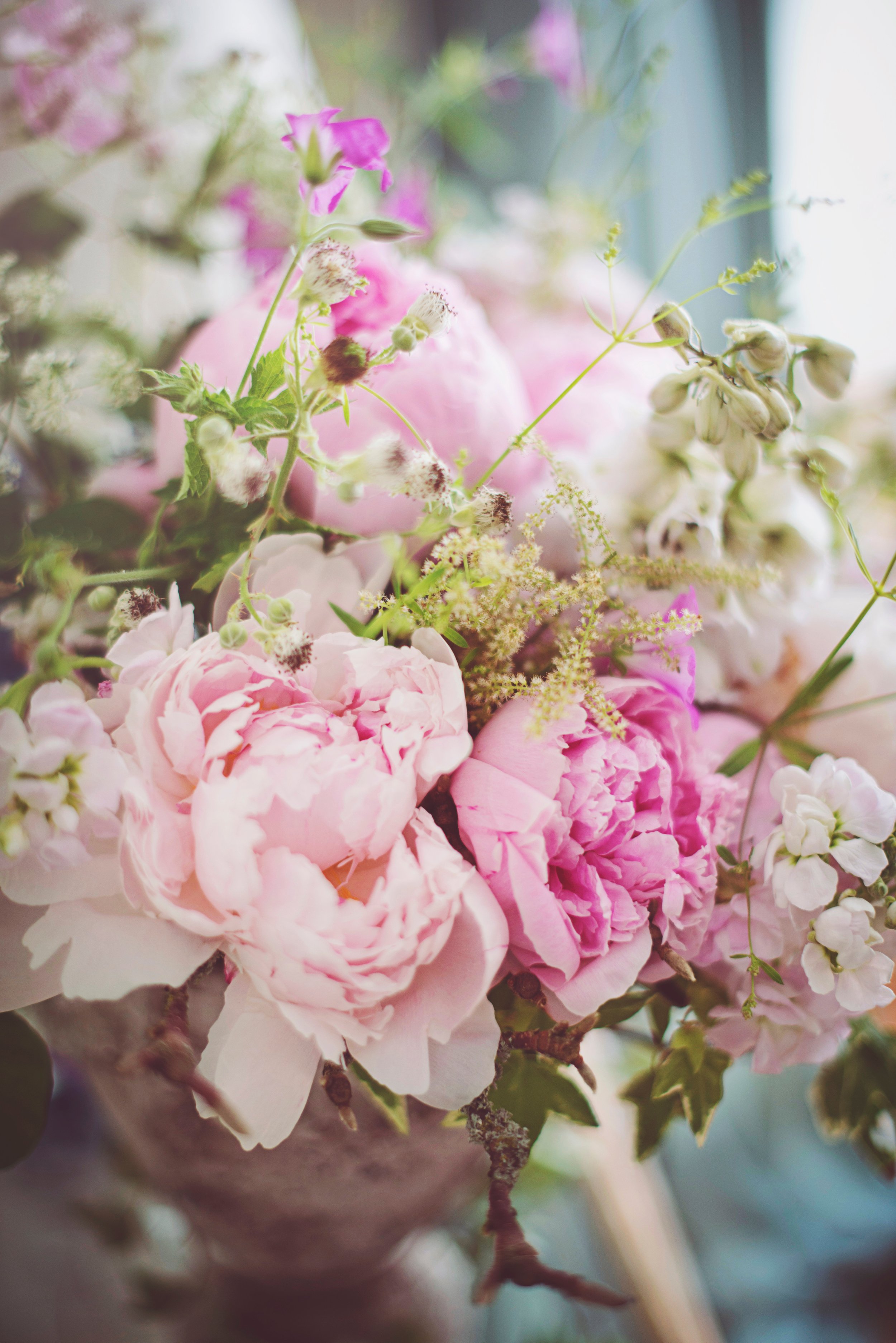 Close-up of a bouquet of pink and white peonies with delicate green foliage, soft lighting, and a blurred background.