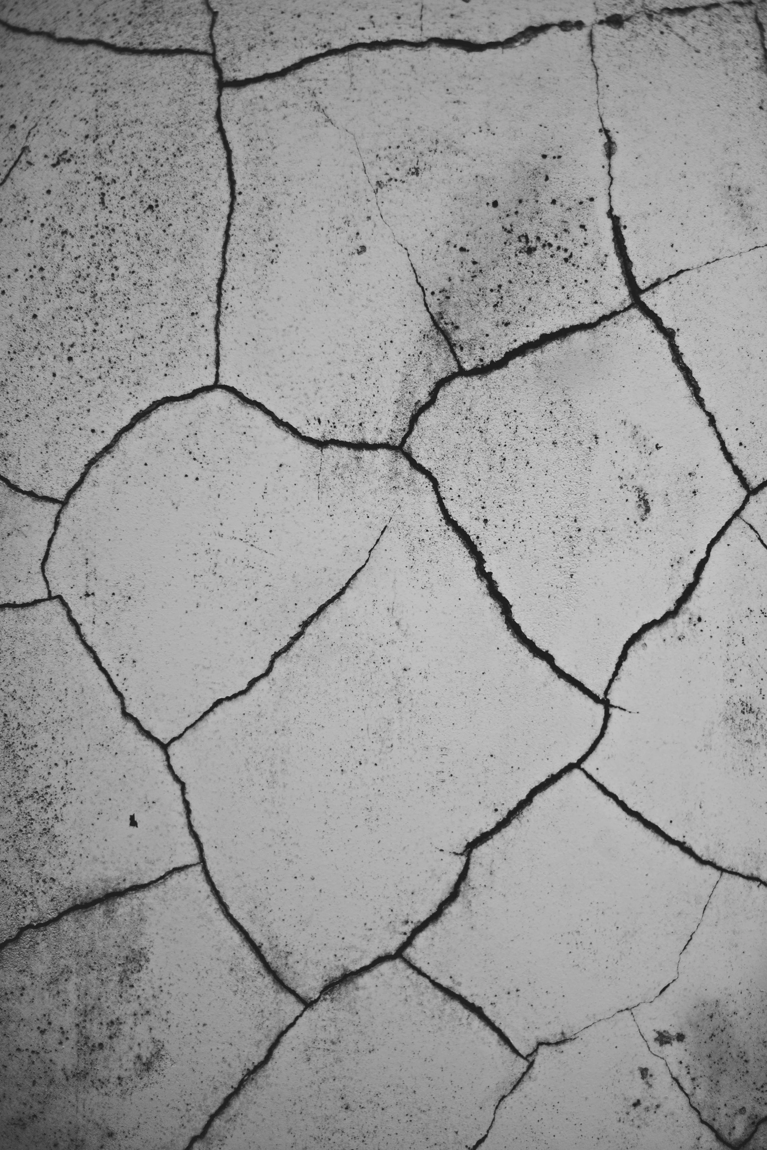 Close-up of a cracked white surface with black cracks forming irregular shapes.