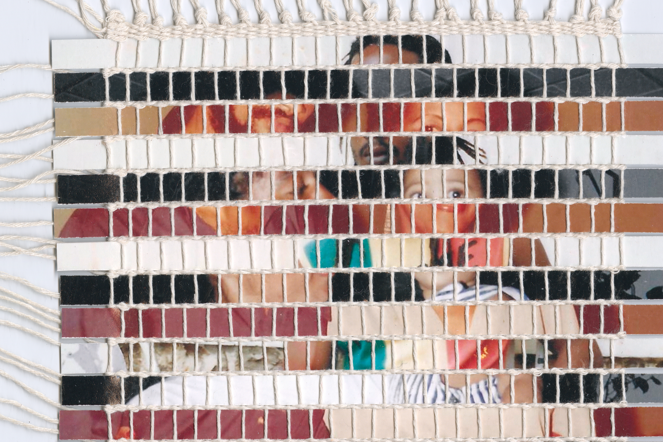Mixed media weaving created using strips of family photographs.