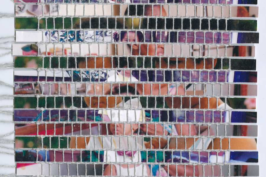 Mixed media weaving created using strips of family photographs.