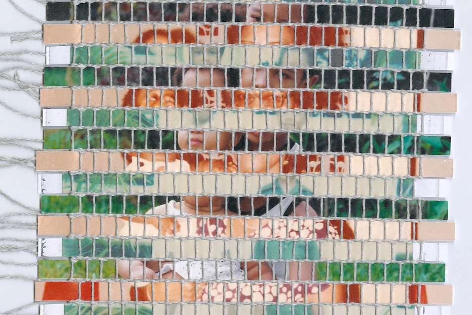 Mixed media weaving created using strips of family photographs.