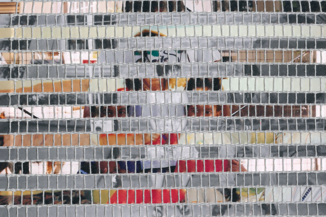 Mixed media weaving created using strips of family photographs.