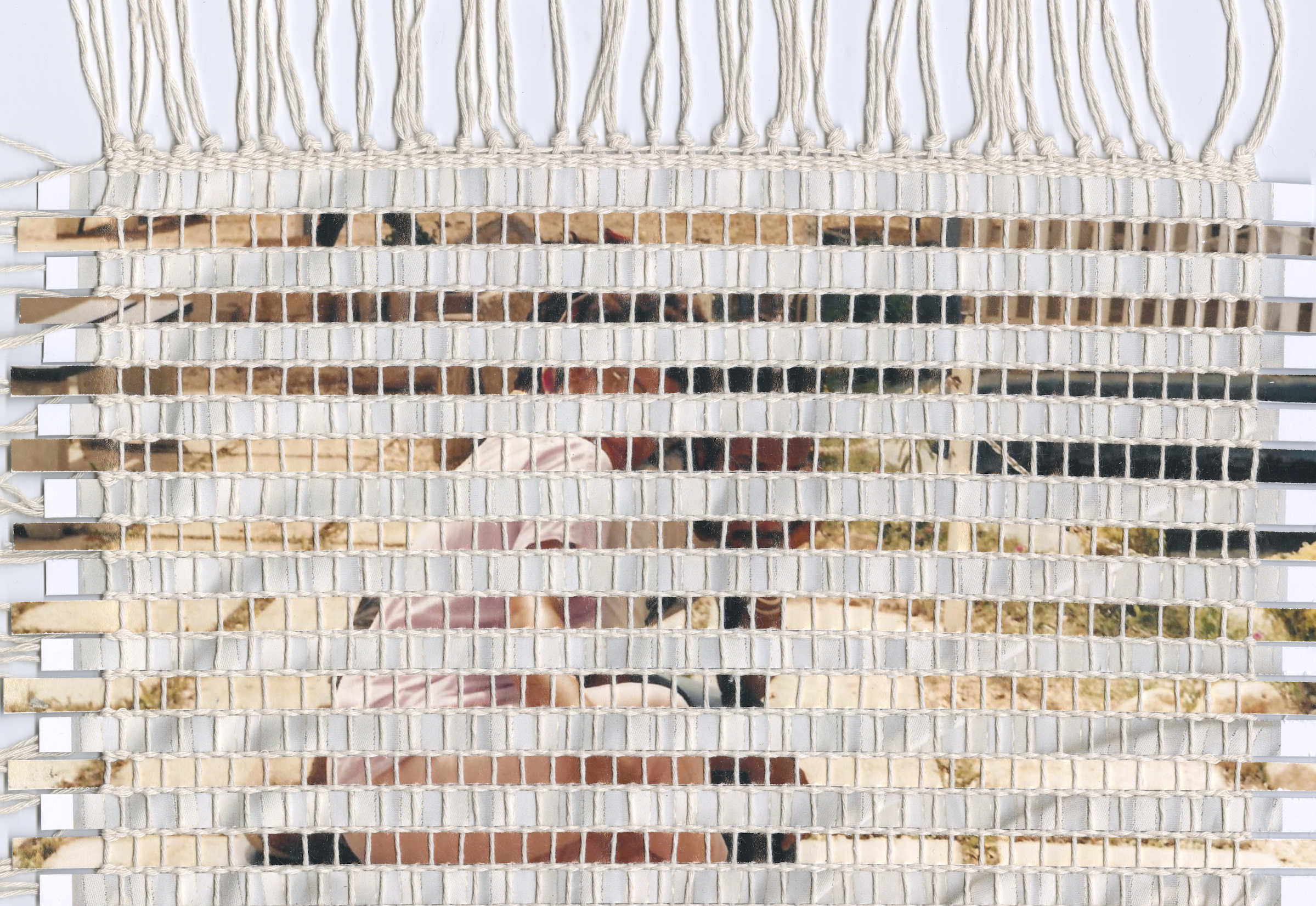 Mixed media weaving created using strips of family photographs.