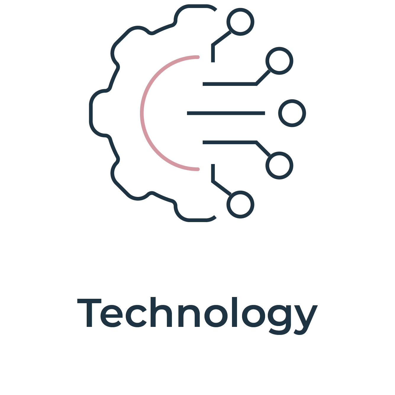 Line art illustration of a gear with connected circuit lines inside, and a pink semi-circle in the center, representing technology.