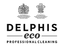 Logo for Delphis Eco, a professional cleaning company with icons of a lush plant and a gloved hand holding a spray bottle.
