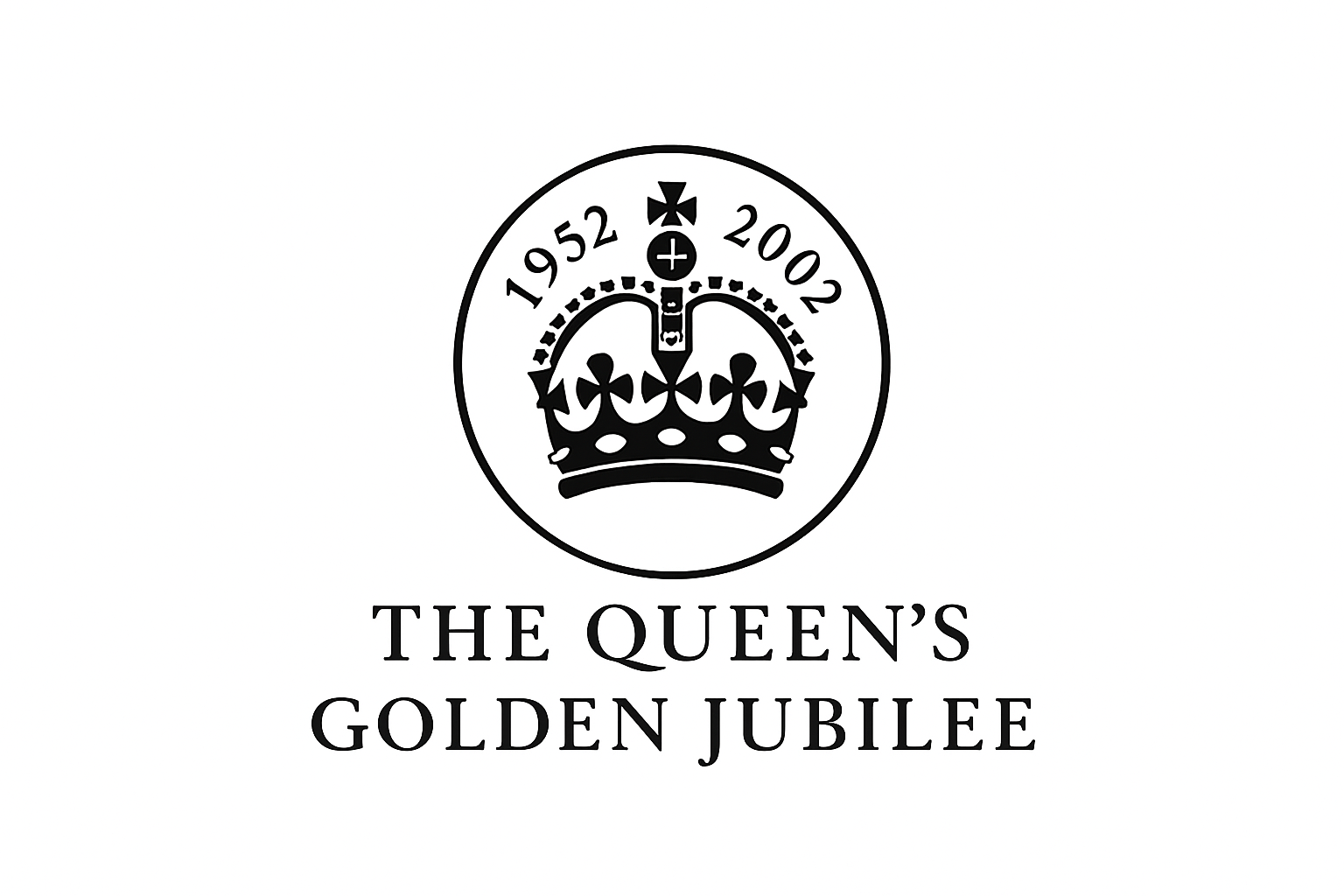 A circular emblem featuring a crown with the numbers 1952 and 2002 and a cross at the top, accompanied by the words "The Queen's Golden Jubilee".