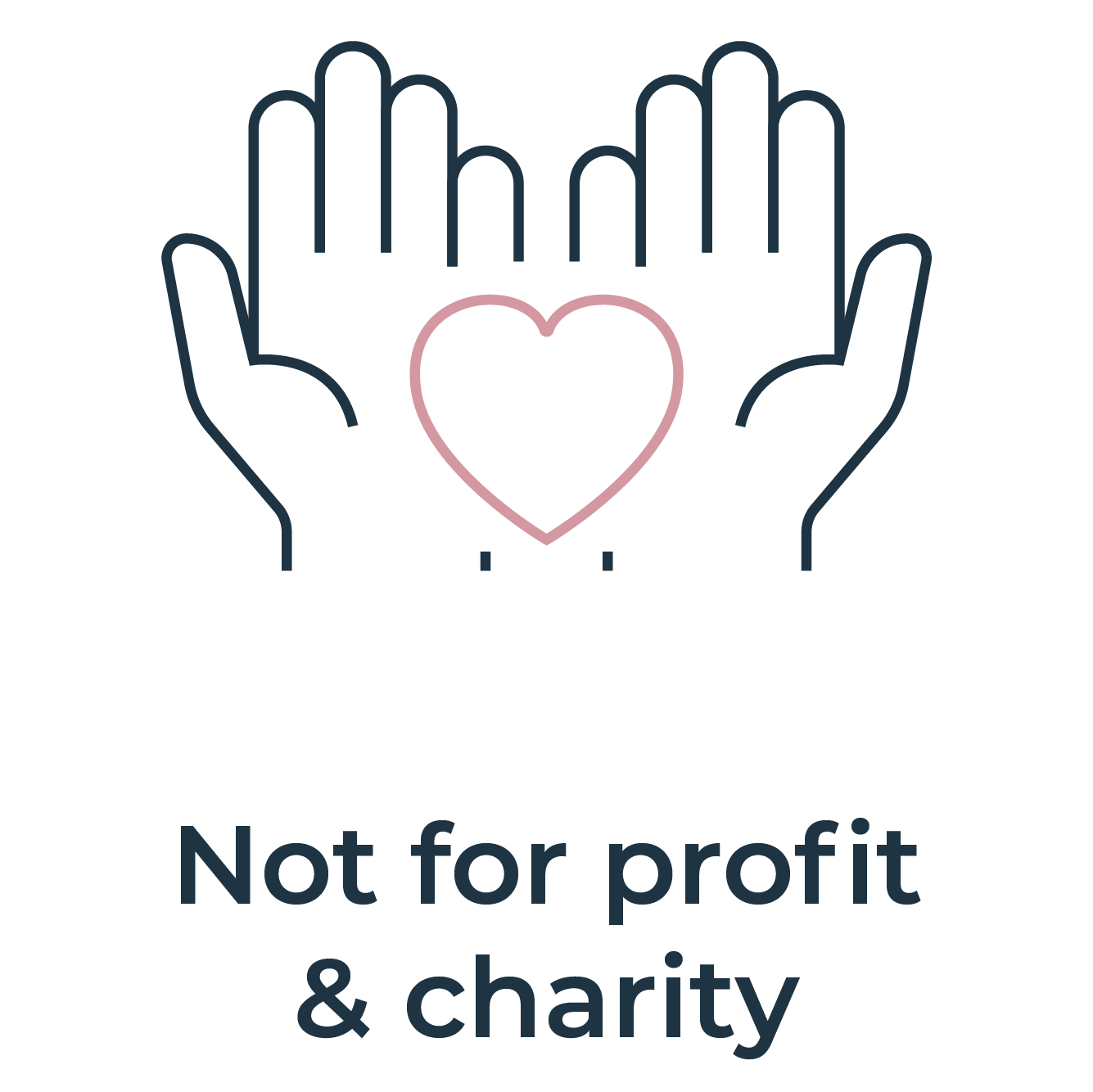 Outline of two hands holding a pink heart with the text "Not for profit & charity" below.