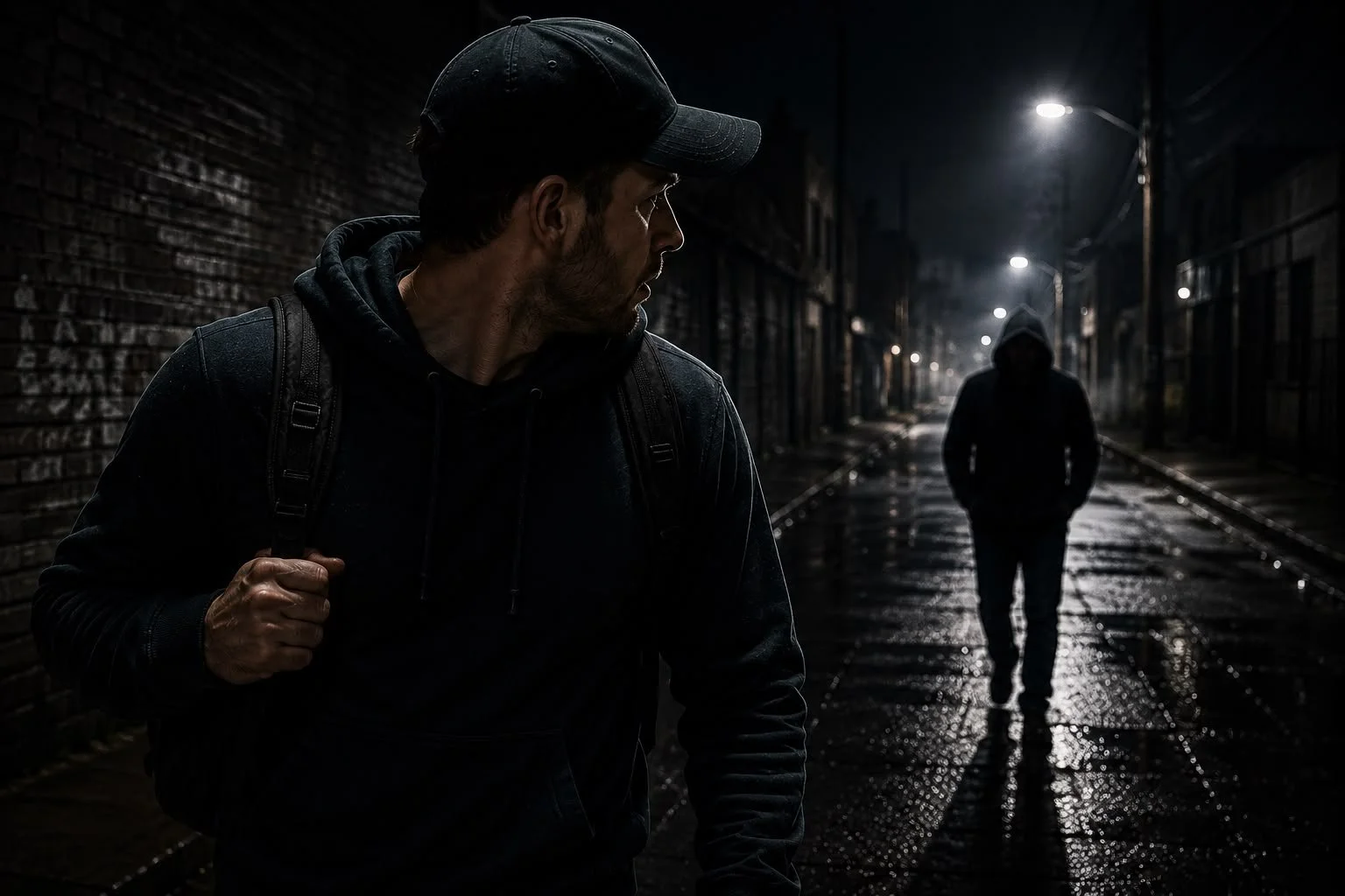 Man in hoodie and cap walking on wet city street at night, with another person in hoodie walking away in the distance. Force on force scenarios that we offer at POD Training Group in Los Angeles, CA
