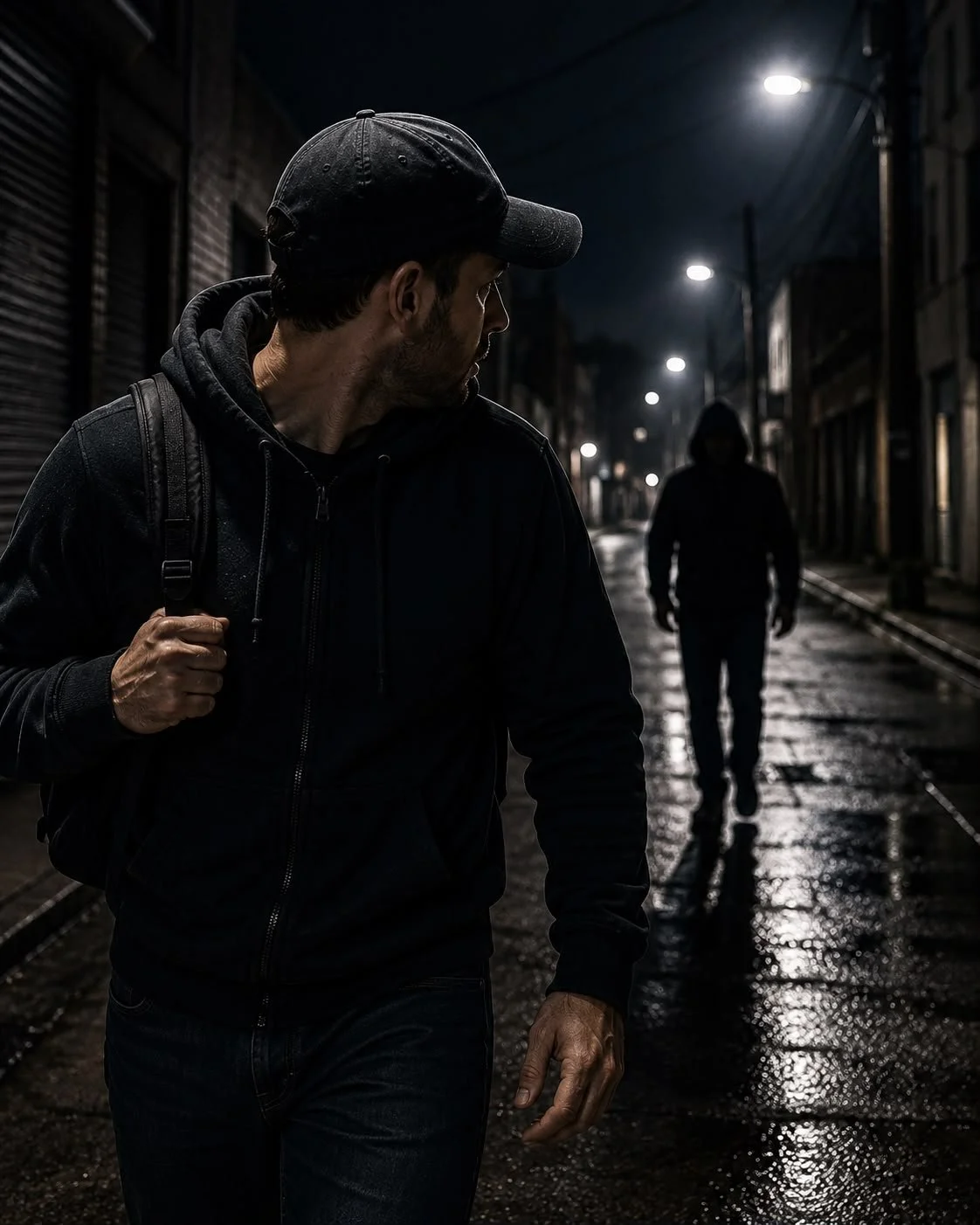 A man walking on a wet city street at night, wearing a black hoodie and cap, with a backpack, with another person walking in the background.