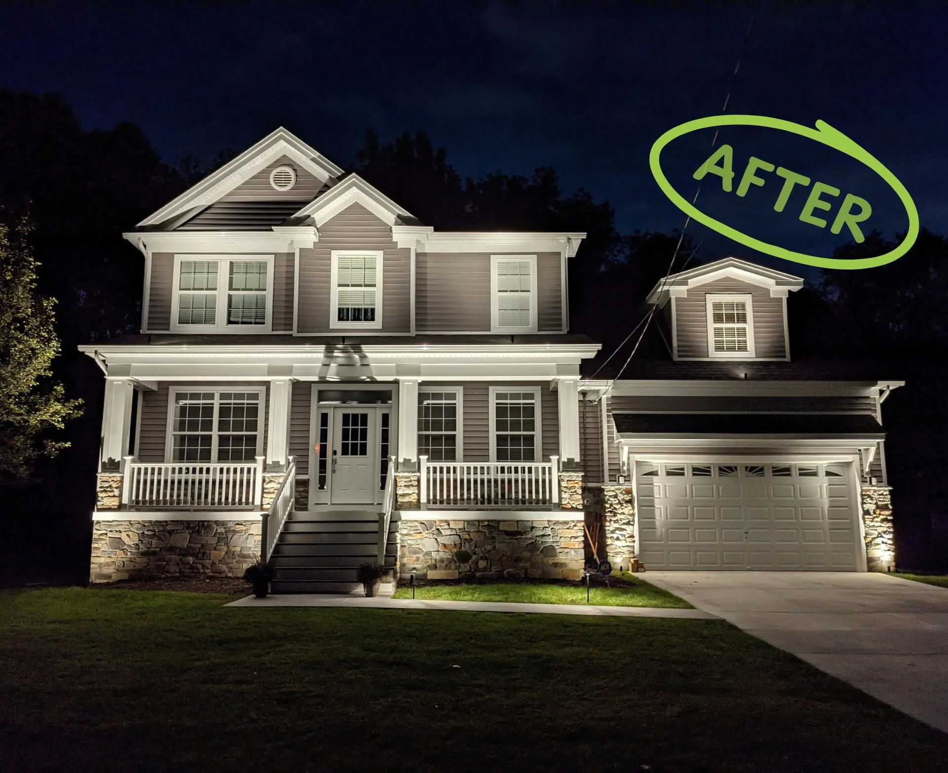 An example of a portfolio POL project showcasing front foundation landscape lighting