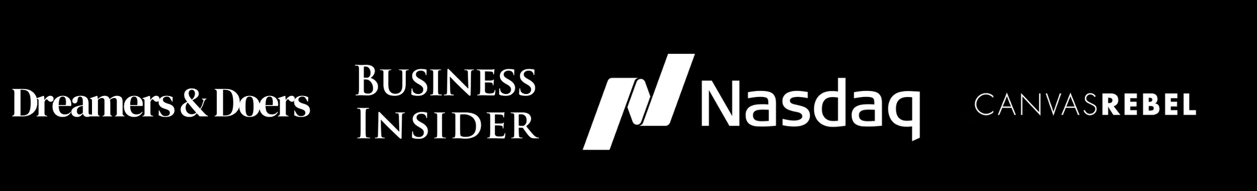 Former Wonder Woman Media press mentions. Black background with white and grey logos of media outlets including Dreamers & Doers, Business Insider, Nasdaq, and CanvasRebel.