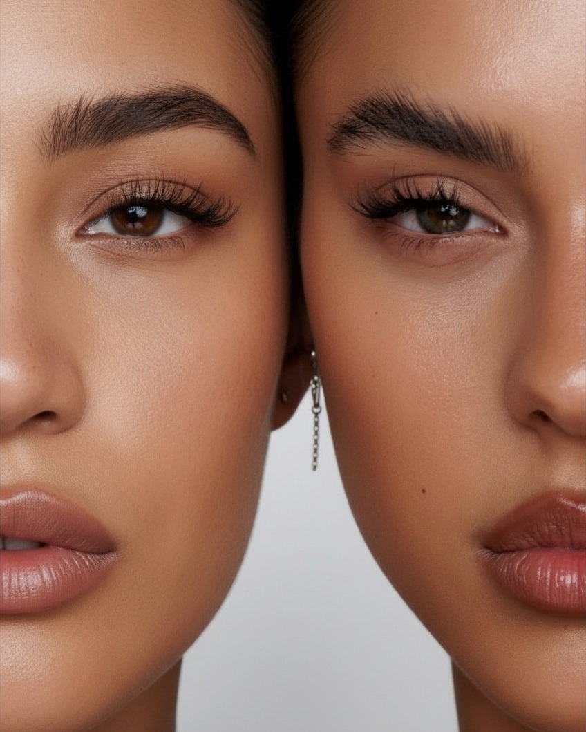 Close-up of two women with similar skin tones, makeup, and eyebrows, positioned closely with their faces almost touching.