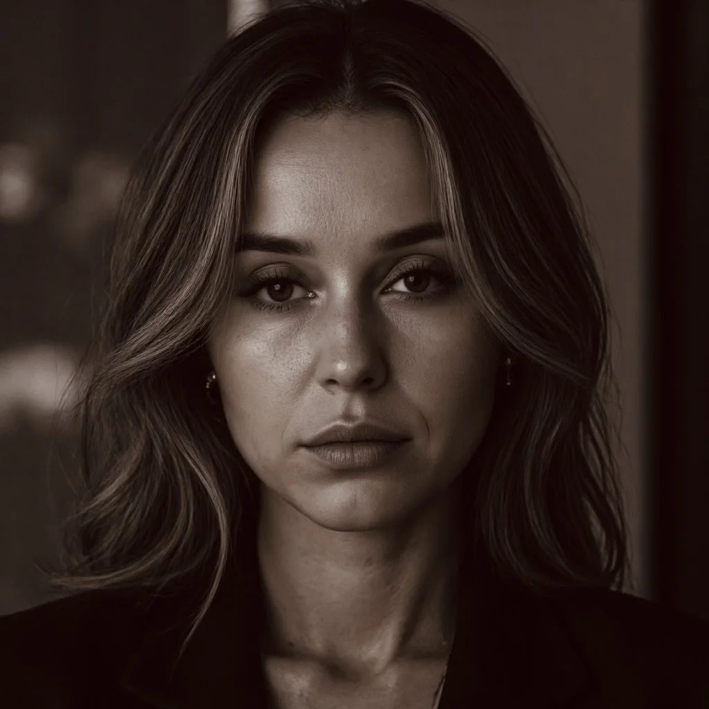 Close-up portrait of a woman with wavy brown hair and light makeup, looking directly at the camera with a neutral expression.